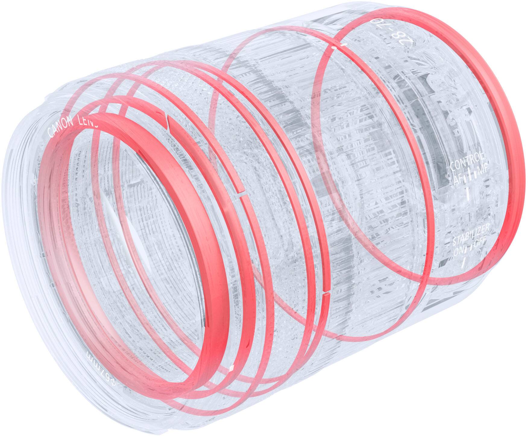 The image shows a group of red and clear glasses stacked on top of each other. The text on the image reads "28-70 28 CANON LEIV CONTROL AFLTTMF MF AF I STABILIZER ONITOFF ONI / 57mm." This text likely refers to the specifications or features of the glasses, such as their size, material, and purpose.