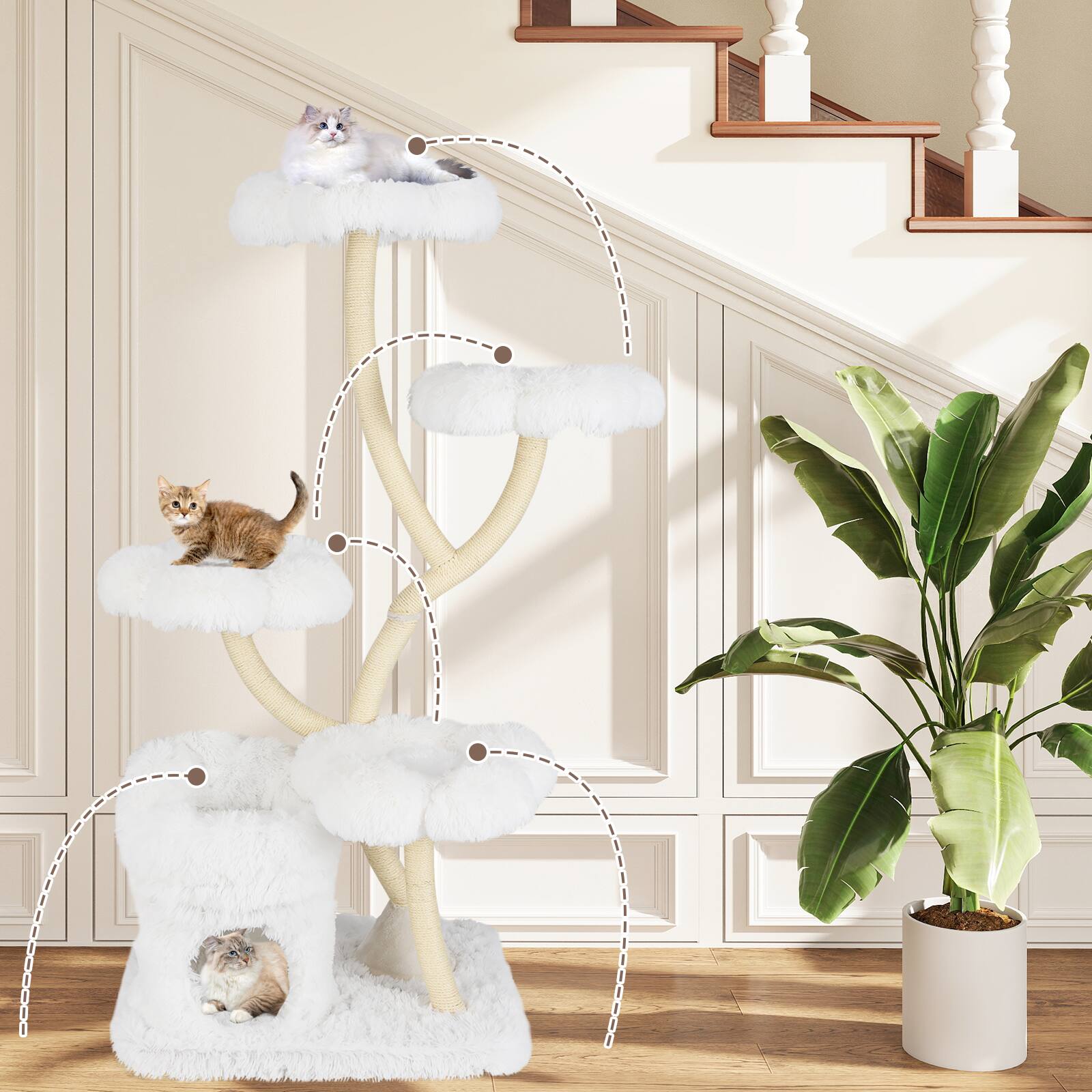 Alt View 5. Gymax - Gymax Freestanding Cat Tower Tall Cat Tree w/ four Flower-shaped Platforms Cat Condo White - GYM17358.