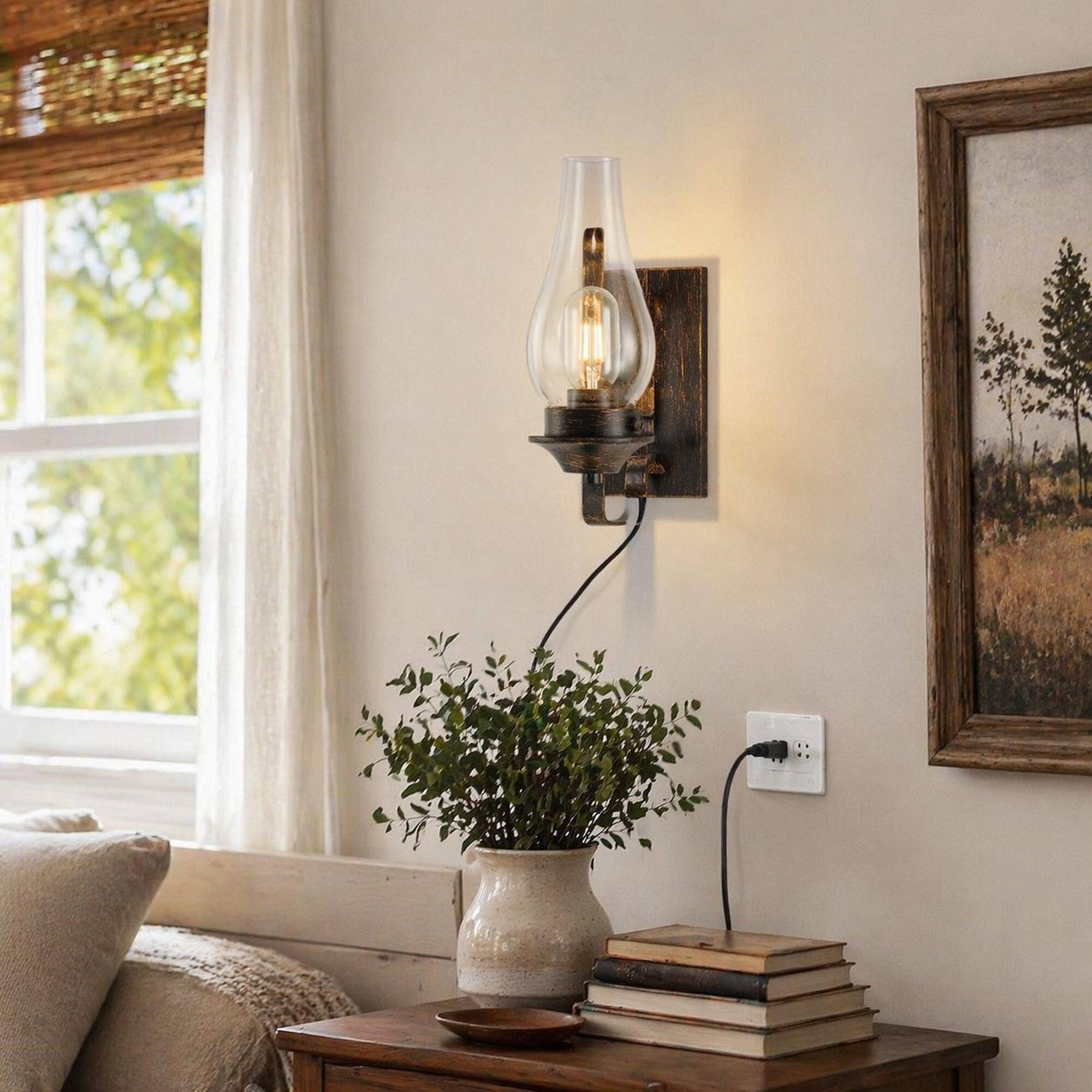 Back. RYHNUYNE - Set of 2 Plug-In Wall Sconces with Clear Glass Shades, Black and Gold Accents, Vintage Industrial Design for Bedroom.