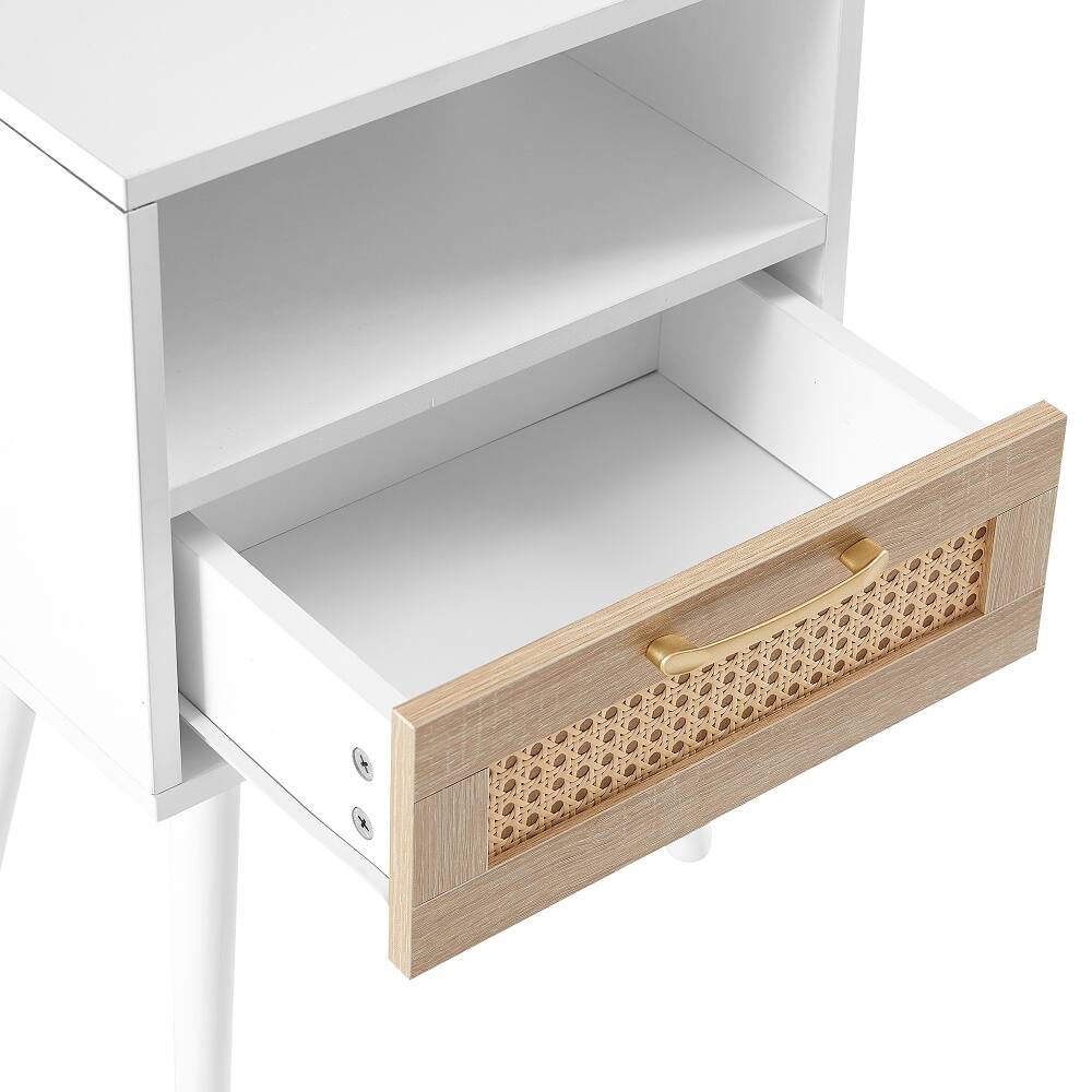 Alt View 9. Loheer - Loheer White Rattan End Table with Drawer Modern Nightstand Solid Wood Legs Bedroom Side Table - White.