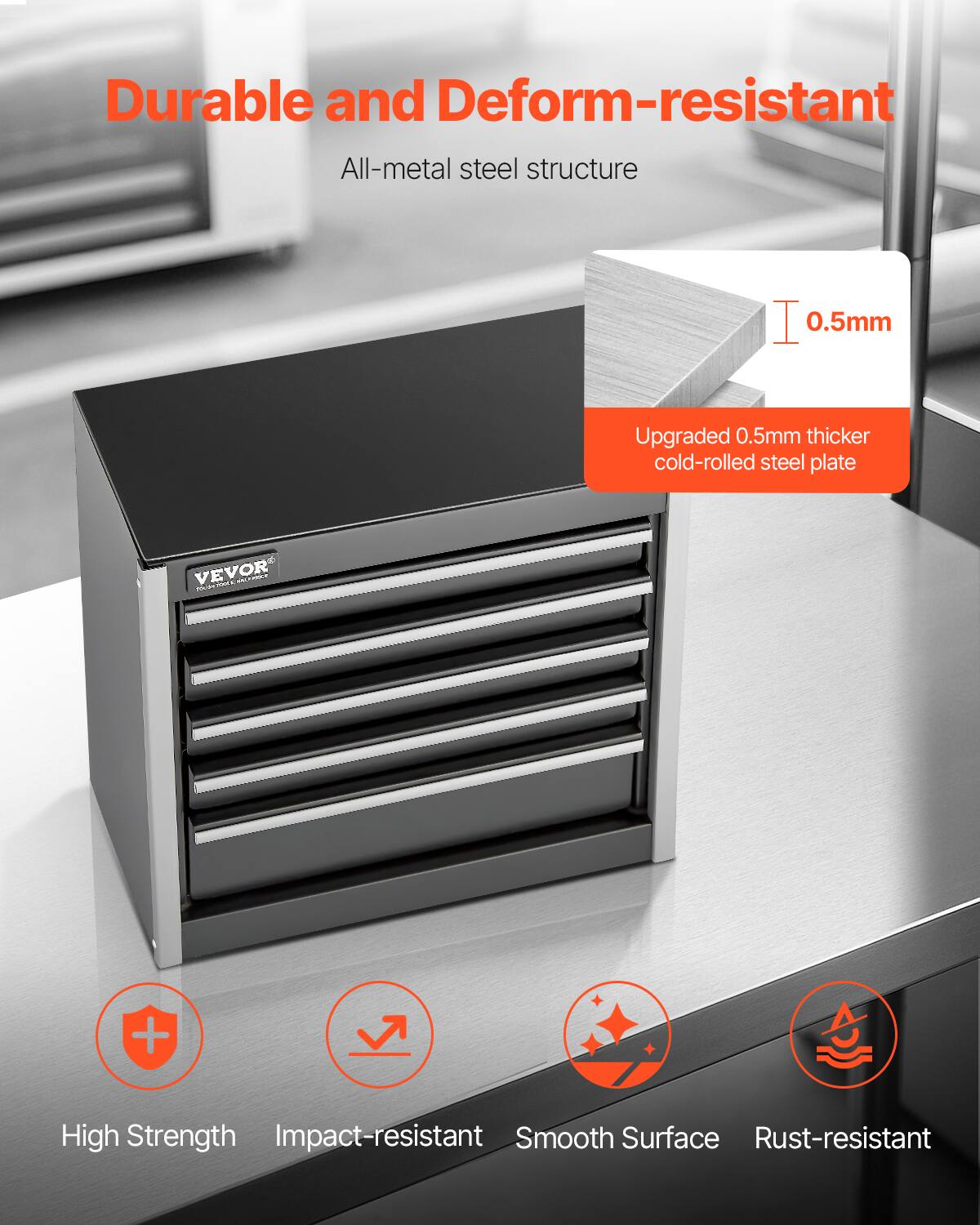 Durable and Deform-resistant  
All-metal steel structure  

Upgraded 0.5mm thicker cold-rolled steel plate  

High Strength  
Impact-resistant  
Smooth Surface  
Rust-resistant