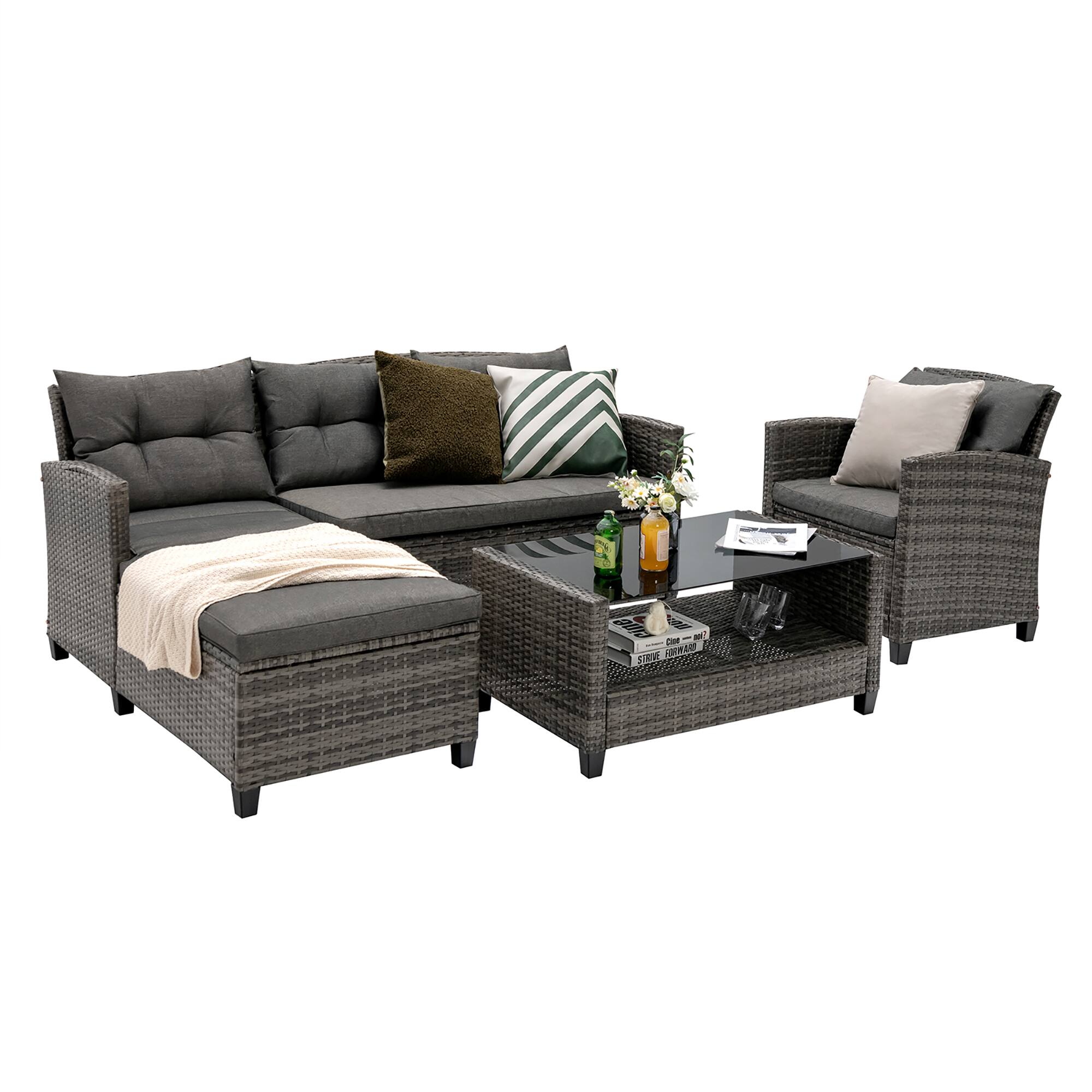 Alt View 1. Gymax - Gymax 4PCS Rattan Patio Conversation Furniture Set Outdoor Sectional Sofa Set - Grey.