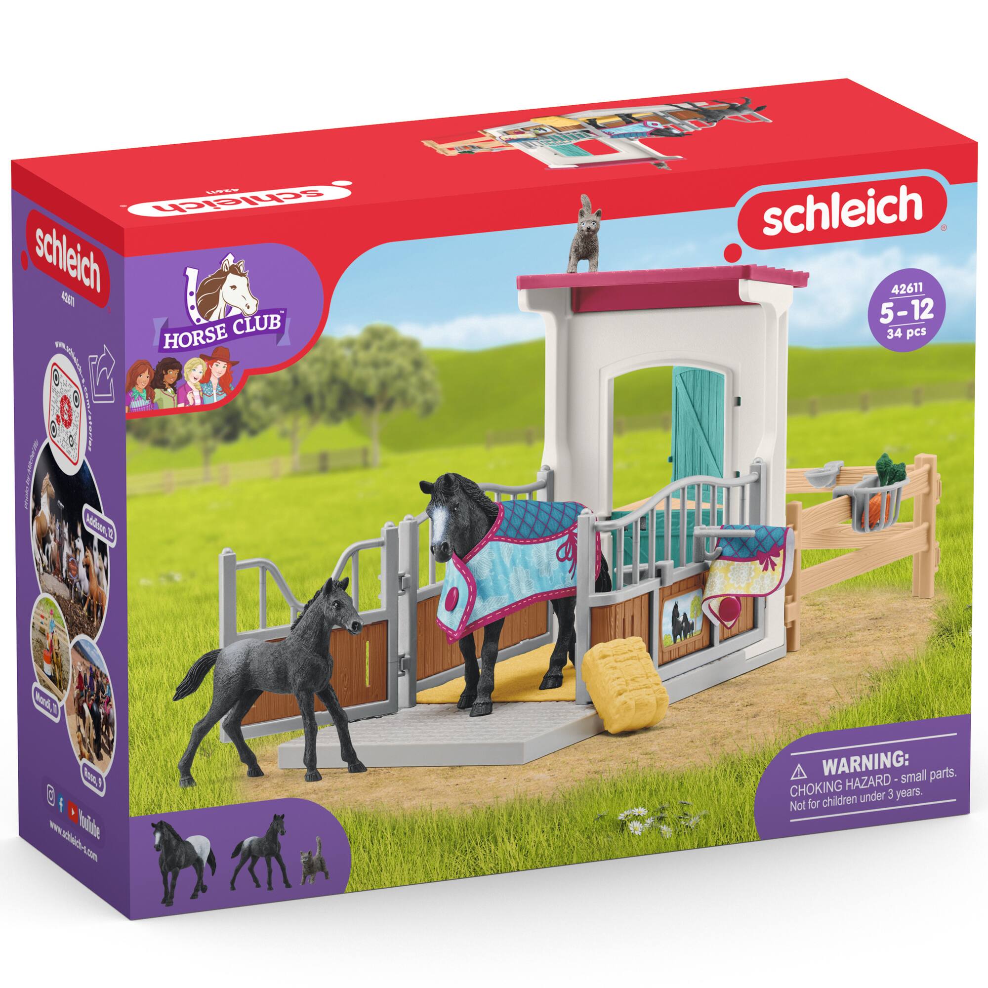 Schleich is a brand of toys, specifically a horse club set that includes a horse, a stable, and a foal. The set is designed for children aged 5-12 years old and contains 34 pieces. The toy set is made by Schleich, a company known for their high-quality toys. The box warns that small parts can pose a choking hazard for children under three years old, so it is essential to supervise young children while playing with this toy set.