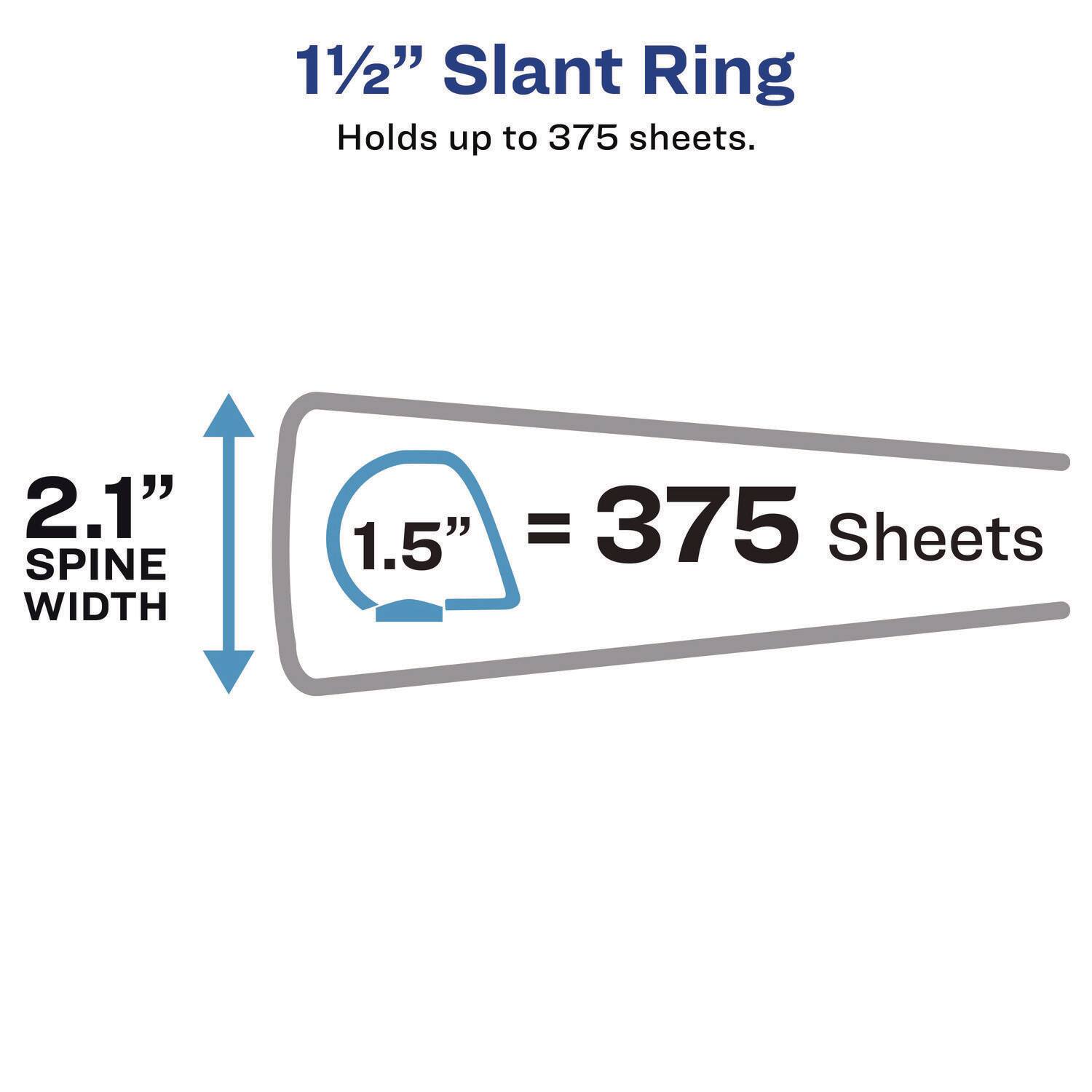 1/2" Slant Ring Holds up to 375 sheets.  
2.1" SPINE WIDTH  
1.5" = 375 Sheets
