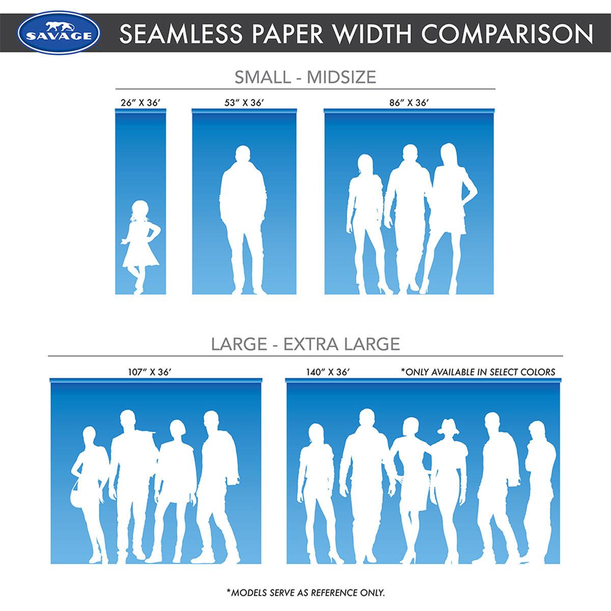 SAVAGE SEAMLESS PAPER WIDTH COMPARISON

SMALL - MIDSIZE
26" X 36"
53" X 36"
86" X 36"

LARGE - EXTRA LARGE
107" X 36"
140" X 36"

*ONLY AVAILABLE IN SELECT COLORS
*MODELS SERVE AS REFERENCE ONLY.