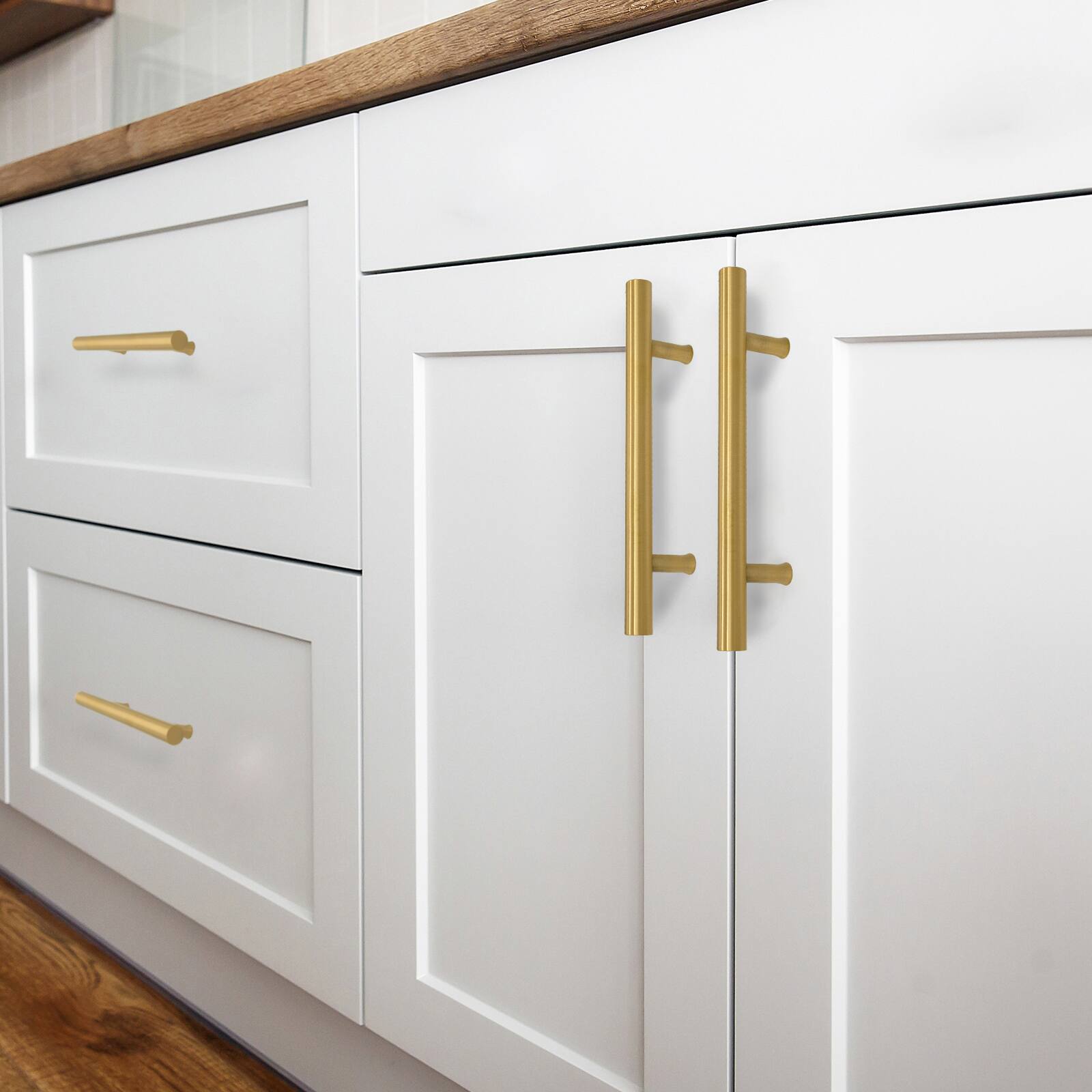 Alt View 3. Akicon - Akicon Solid Brass 5 Inch Hole Center Kitchen Cabinet Handles Drawer Pull 5-Pack in Brushed Gold - Brushed Gold.