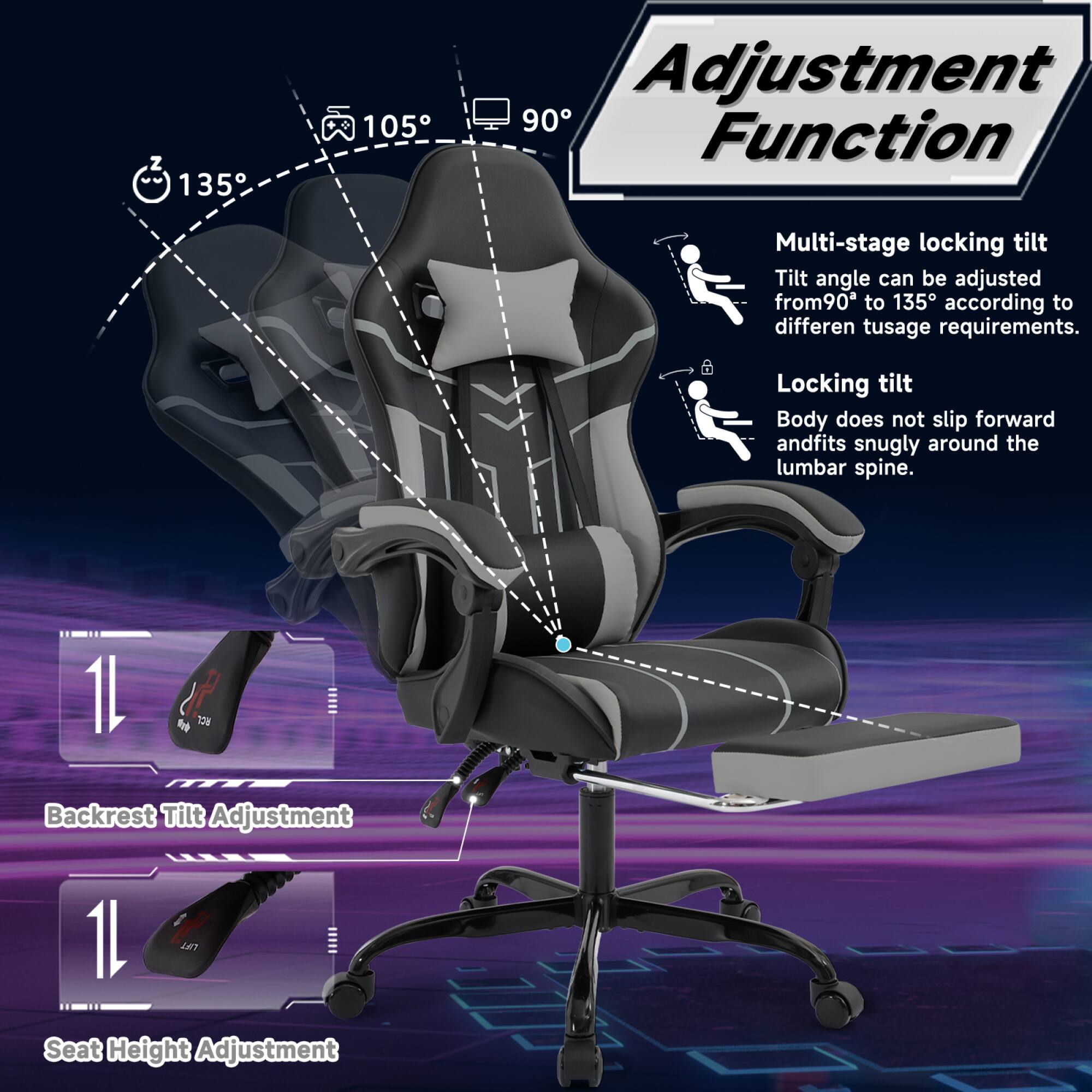 Adjustment Function

Multi-stage locking tilt
Tilt angle can be adjusted from 90° to 135° according to different usage requirements.

Locking tilt
Body does not slip forward and fits snugly around the lumbar spine.

Backrest Tilt Adjustment

Seat Height Adjustment