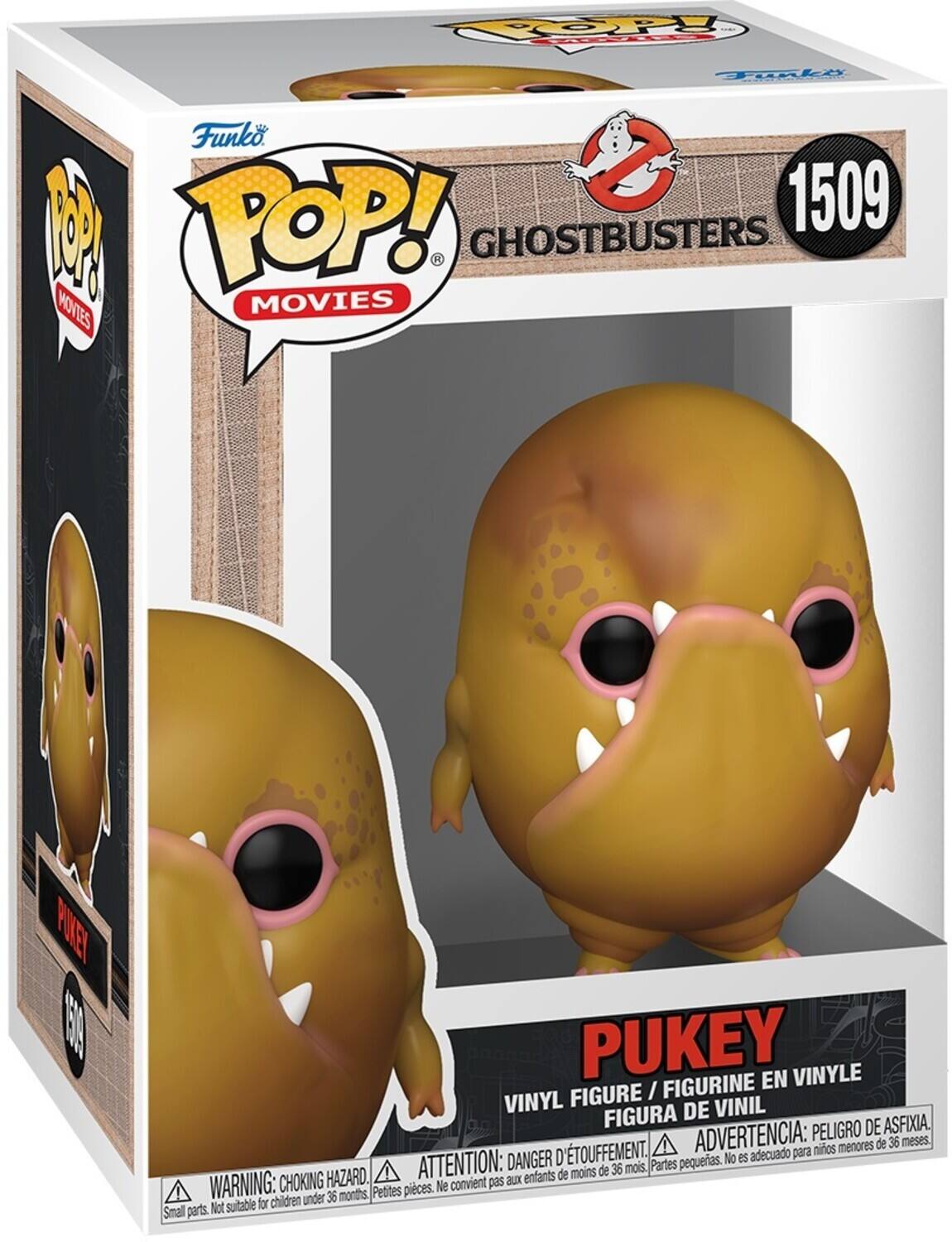 Sure, here is the corrected and grouped text from the image:

---

**Funko POP! MOVIES**

**1509**

**GHOSTBUSTERS**

**PUKEY**

**VINYL FIGURE / FIGURINE EN VINYLE / FIGURA DE VINIL**

**WARNING: CHOKING HAZARD. Small parts. Not suitable for children under 36 months.**

**ATTENTION: DANGER D'ÉTOUFFEMENT. Petites pièces. Ne convient pas aux enfants de moins de 36 mois.**

**ADVERTENCIA: PELIGRO DE ASFIXIA. Partes pequeñas. No es adecuado para niños menores de 36 meses.**

---

This text is organized to reflect the information on the packaging accurately.