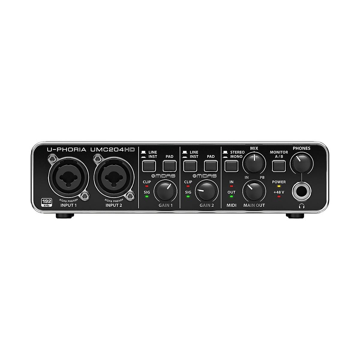 U-PHORIA UMC204 HD

LINE INST PAD
LINE INST PAD

MIDAS MIDAS

CLIP SIG
CLIP SIG

GAIN 1
GAIN 2

MIDI MAIN OUT

STEREO MONO
MIX MONITOR A/B
PHONES

IN OUT
POWER +48 V

192 kHz

INPUT 1
INPUT 2