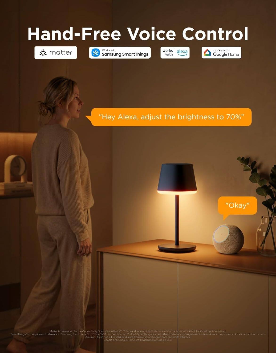 Hand-Free Voice Control  
Works with Matter  
Works with Samsung SmartThings  
Works with Alexa  
Works with Google Home  

"Hey Alexa, adjust the brightness to 70%"  
"Okay"  

Matter is developed by the Connectivity Standards Alliance. This brand and logo are trademarks of the Alliance. All rights reserved.  
SmartThings® is a registered trademark of Samsung Electronics Co., Ltd. WWST is a Certification Mark of the Alliance.  
Alexa and all related marks are trademarks of Amazon.com, Inc. or its affiliates.  
Google and Google Home are trademarks of Google LLC.  

All other trademarks are the property of their respective owners.