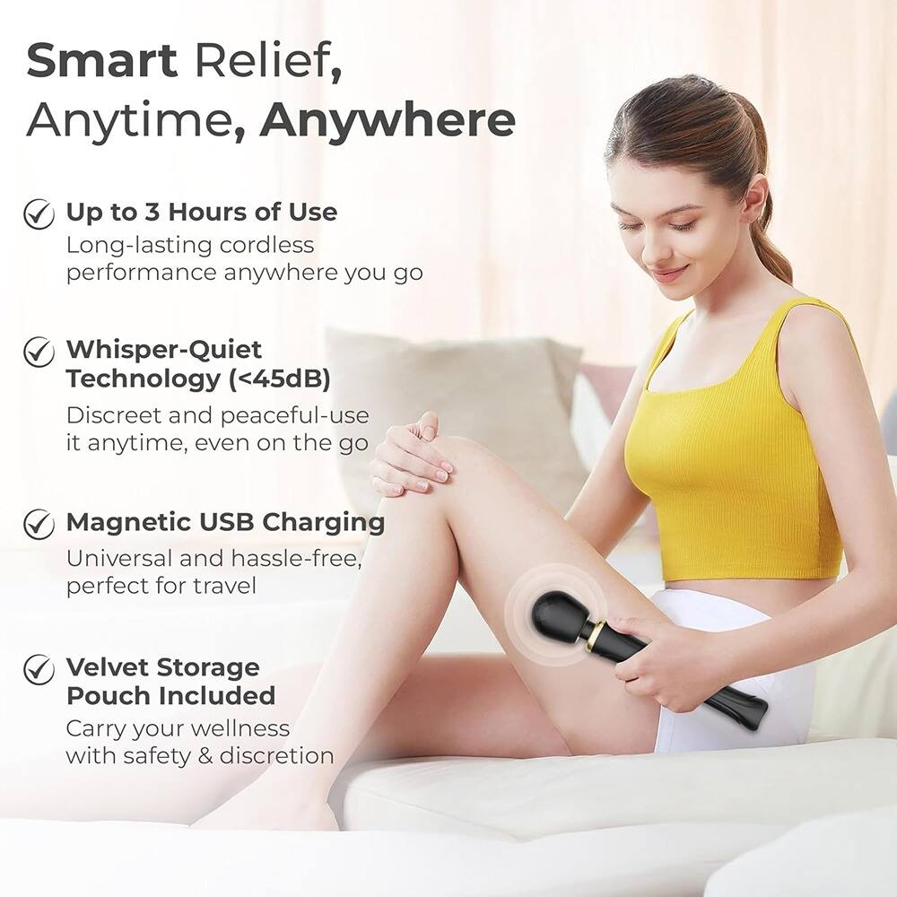 Smart Relief, Anytime, Anywhere

- Up to 3 Hours of Use  
  Long-lasting cordless performance anywhere you go

- Whisper-Quiet Technology (<45dB)  
  Discreet and peaceful-use it anytime, even on the go

- Magnetic USB Charging  
  Universal and hassle-free, perfect for travel

- Velvet Storage Pouch Included  
  Carry your wellness with safety & discretion