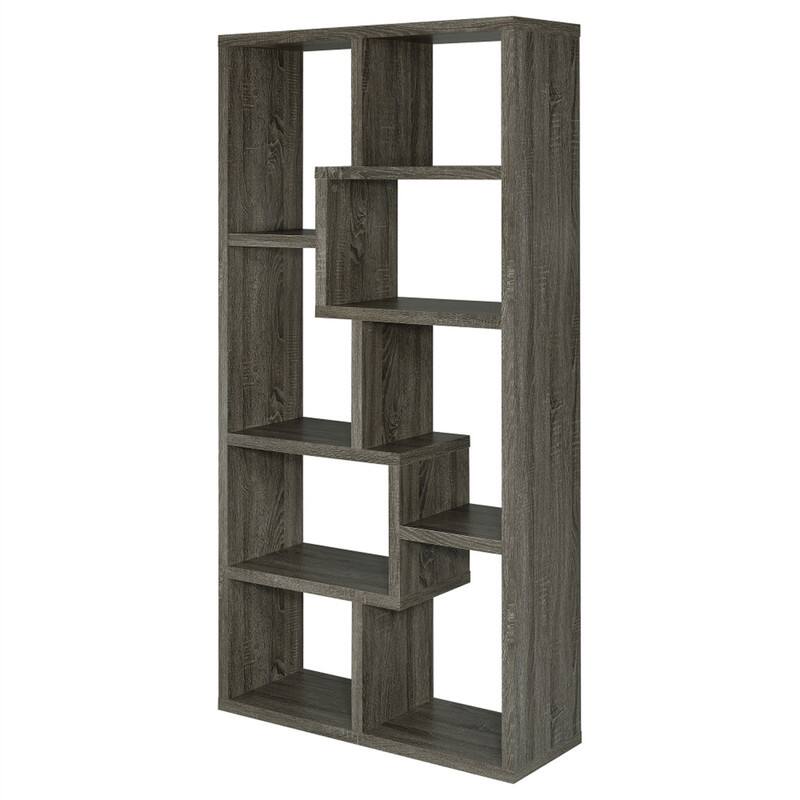 Back. HTUTWOO - 8-Shelf Geometric Bookcase-Wooden Open Back Bookshelf,70.75" Tall Vertical Storage Display Shelving Unit for Living Room - Grey.