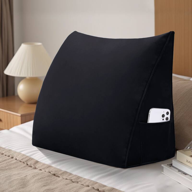 Angle. wowmax - Black Velvet Reading Pillow - Ergonomic Back Support w/ Removable Cover for Bed, Chair & Sofa - Black.
