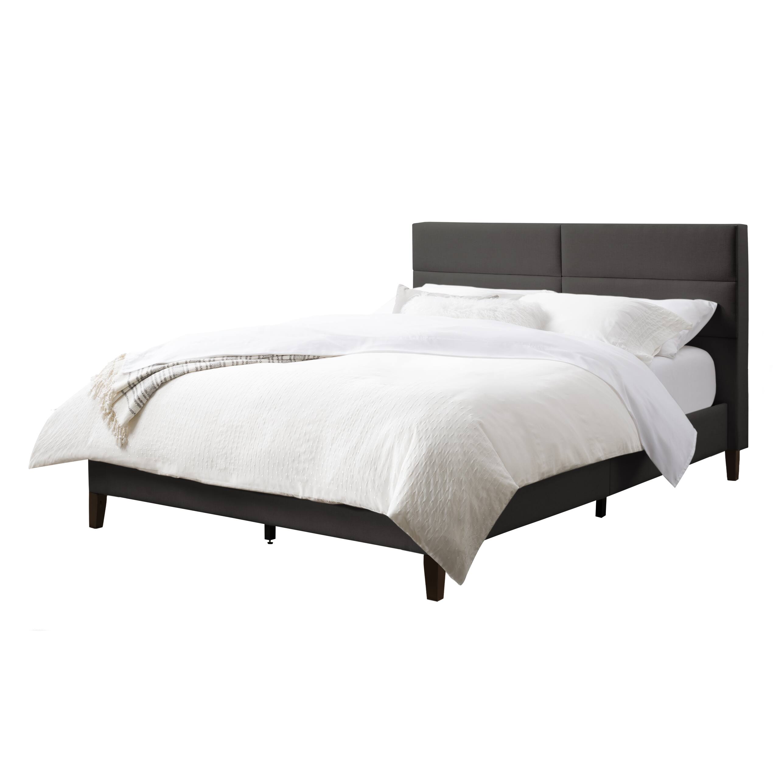 Angle. CorLiving - CorLiving Emerson Dark Grey Upholstered Full/Double Platform Bed Frame with Rectangle Tufted Headboard and Slats - Dark Grey.
