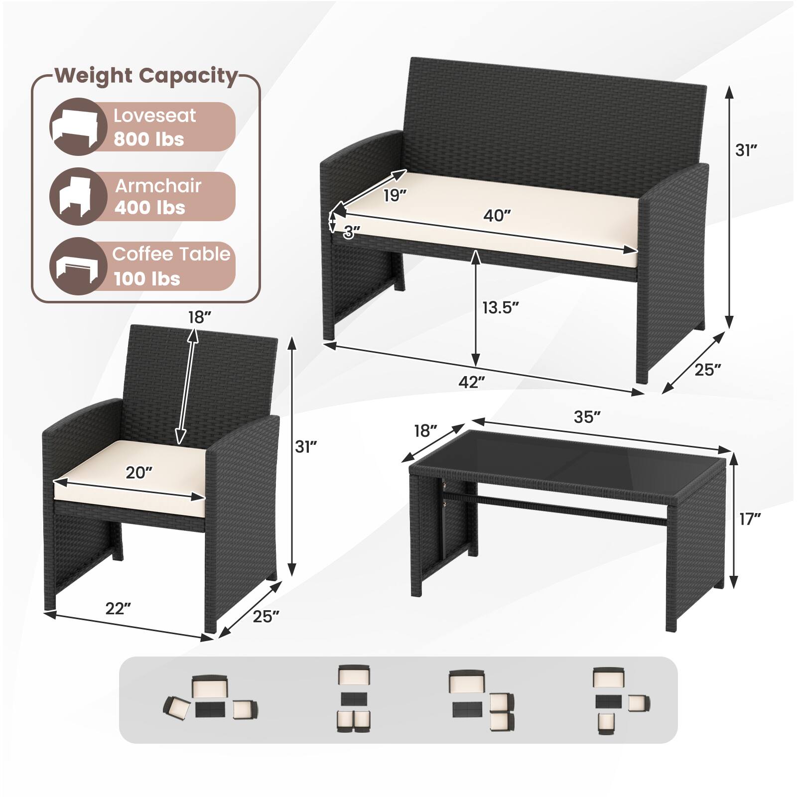 Alt View 2. Costway - Costway 8 PCS Patio Conversation Set with Seat Cushions & Tempered Glass Tabletop, Porch - White+Black.