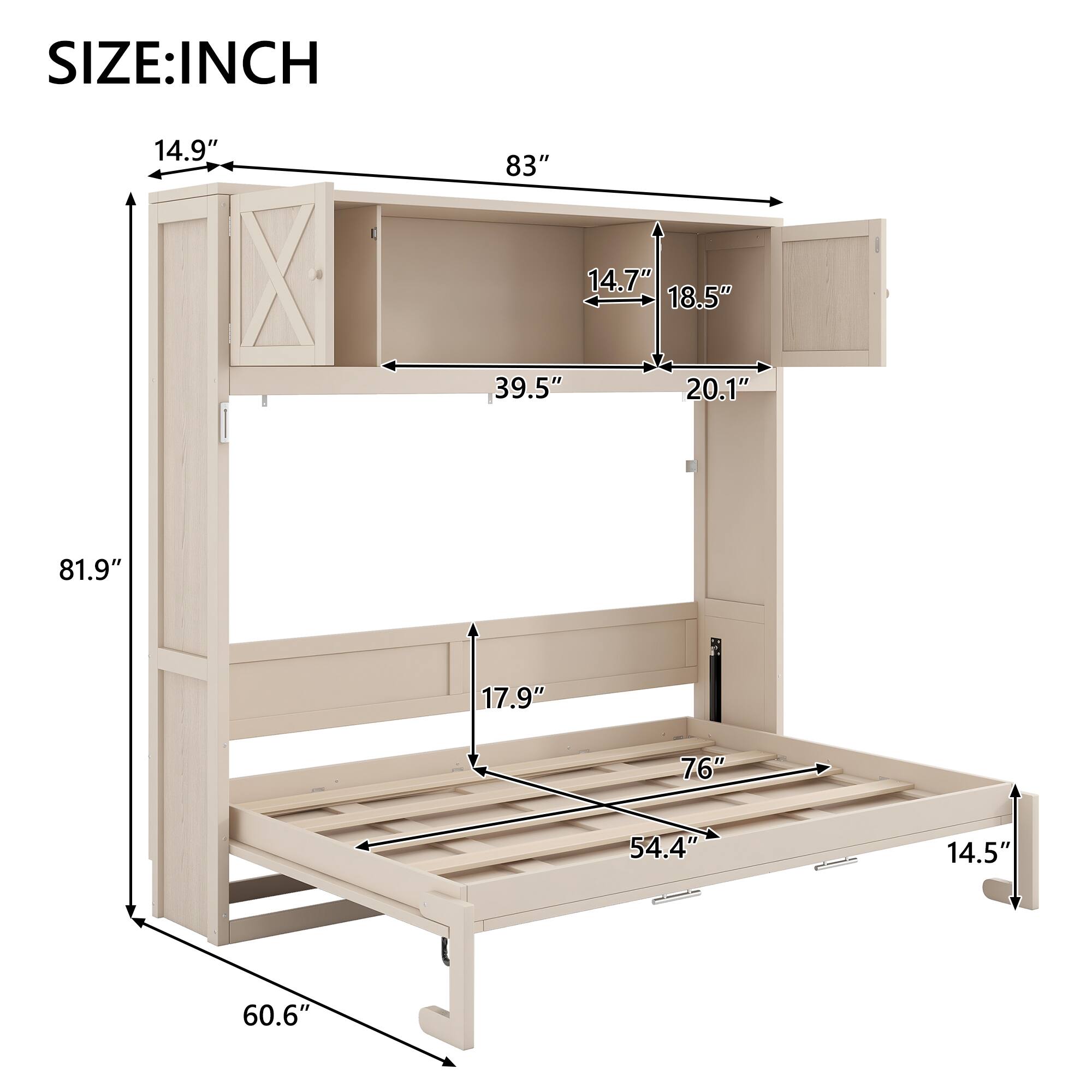 SIZE: INCH  
14.9" 83" 14.7" 18.5" 39.5" 20.1" 81.9" 17.9" 76" 54.4" 14.5" 60.6"