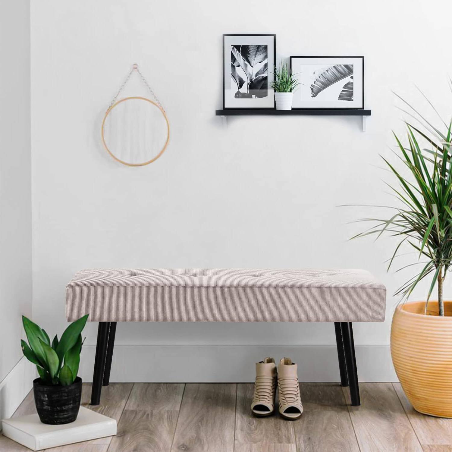 Left. Hivvago - Mid-Century Corduroy Upholstered End of Bed Bench with Metal Legs - Pink Corduroy.