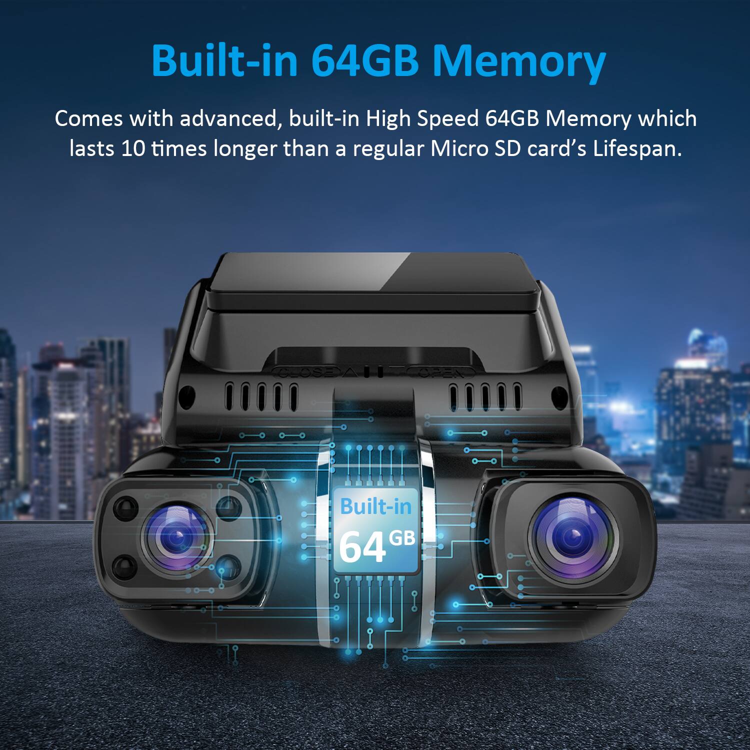 Built-in 64GB Memory

Comes with advanced, built-in High Speed 64GB Memory which lasts 10 times longer than a regular Micro SD card's Lifespan.