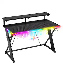 RSPGAME - Basic 43" Music Sync LED Gaming Desk w/ Dynamic Color-Changing & Racing Gear Style,Ergonomic Monitor Stand Computer Desk - Black