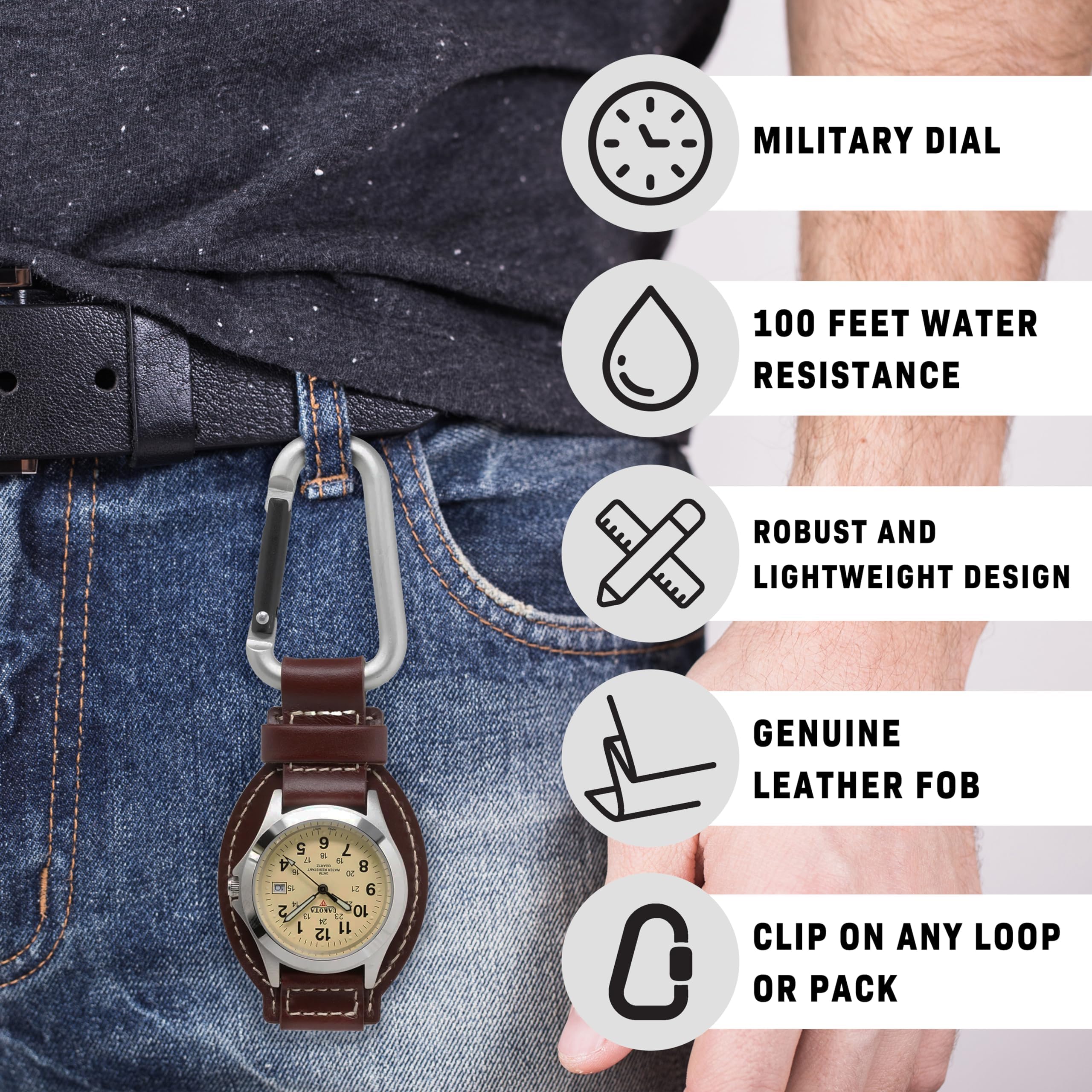 MILITARY DIAL  
100 FEET WATER RESISTANCE  
ROBUST AND LIGHTWEIGHT DESIGN  
GENUINE LEATHER FOB  
CLIP ON ANY LOOP OR PACK
