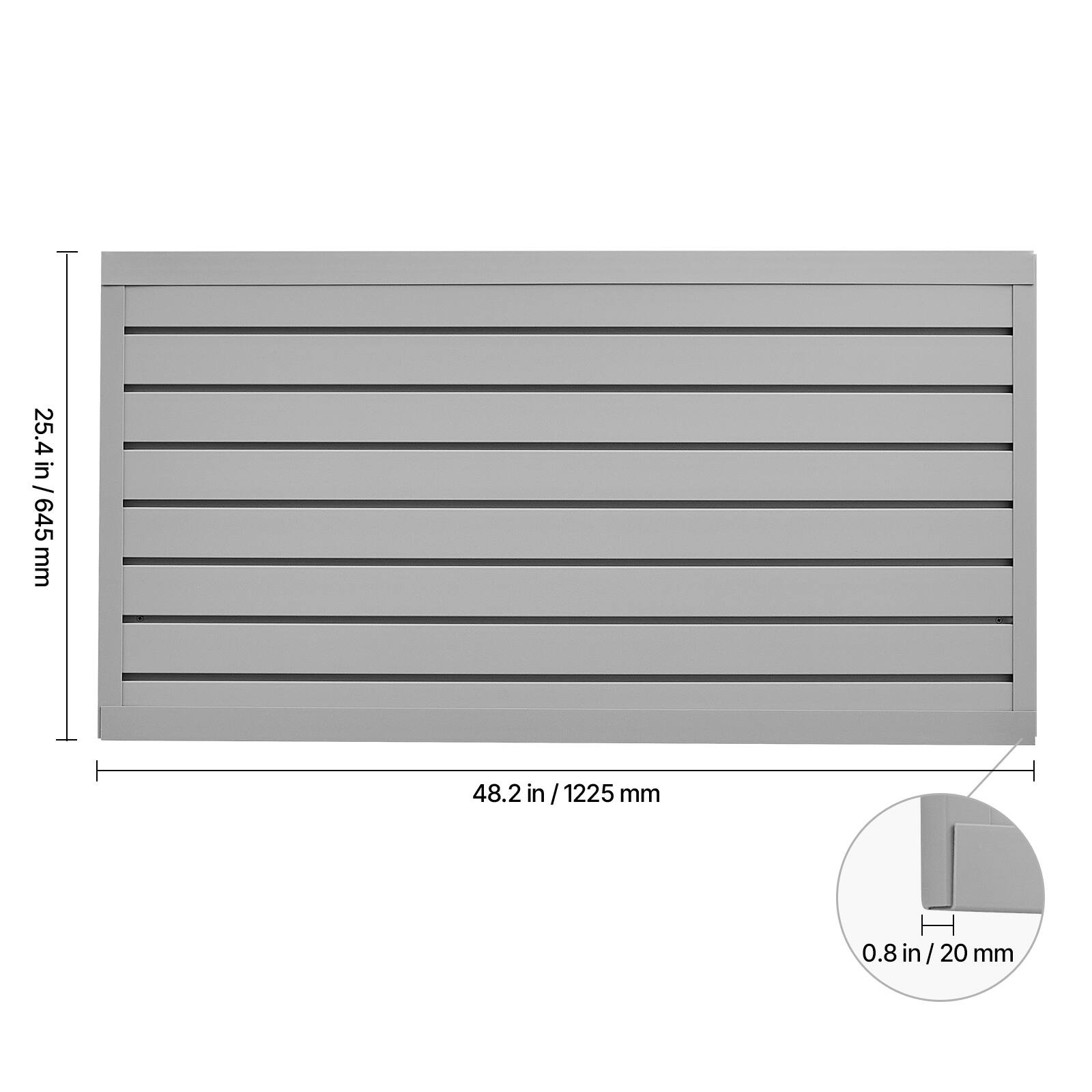 25.4 in / 645 mm  
48.2 in / 1225 mm  
0.8 in / 20 mm