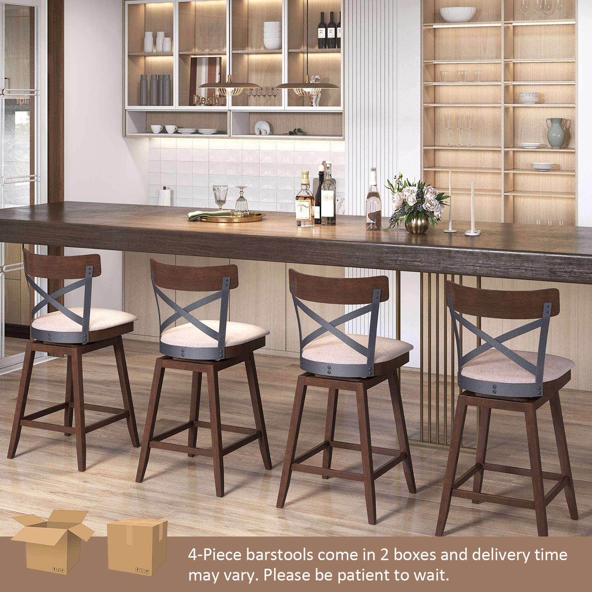 The text on the image reads: "4-Piece barstools come in 2 boxes and delivery time may vary. Please be patient to wait."