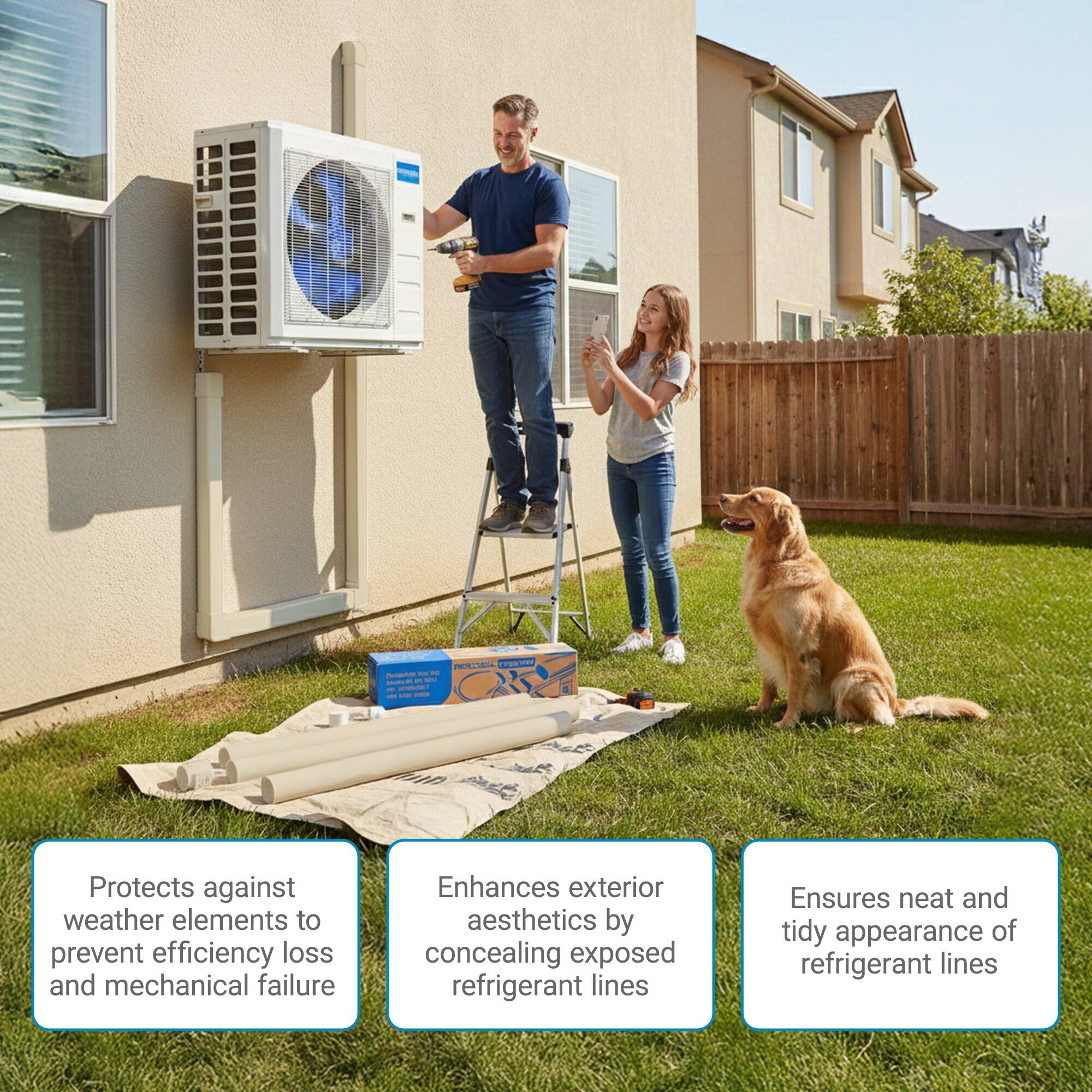 - Protects against weather elements to prevent efficiency loss and mechanical failure
- Enhances exterior aesthetics by concealing exposed refrigerant lines
- Ensures neat and tidy appearance of refrigerant lines