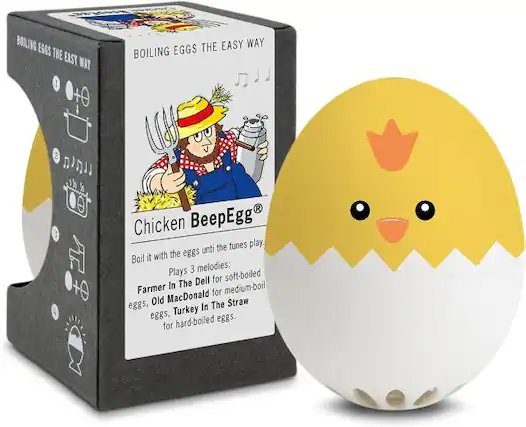 BOILING EGGS THE EASY WAY
1. THE EASY WAY BOILING EGGS
2. Chicken BeepEgg
Boil it with the eggs until the tunes play. Plays 3 melodies:
- Farmer In The Dell for soft-boiled eggs
- Old MacDonald for medium-boiled eggs
- Turkey In The Straw for hard-boiled eggs