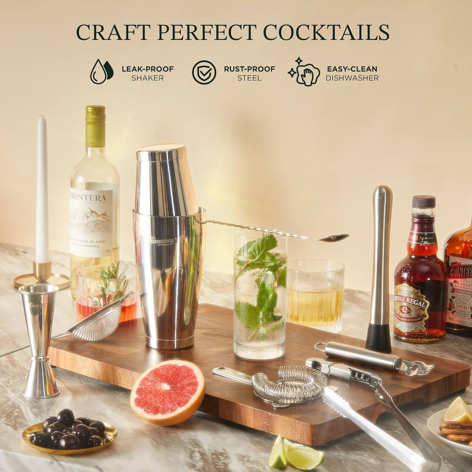 CRAFT PERFECT COCKTAILS

- LEAK-PROOF SHAKER
- RUST-PROOF STEEL
- EASY-CLEAN DISHWASHER

Cointreau  
Regal 12