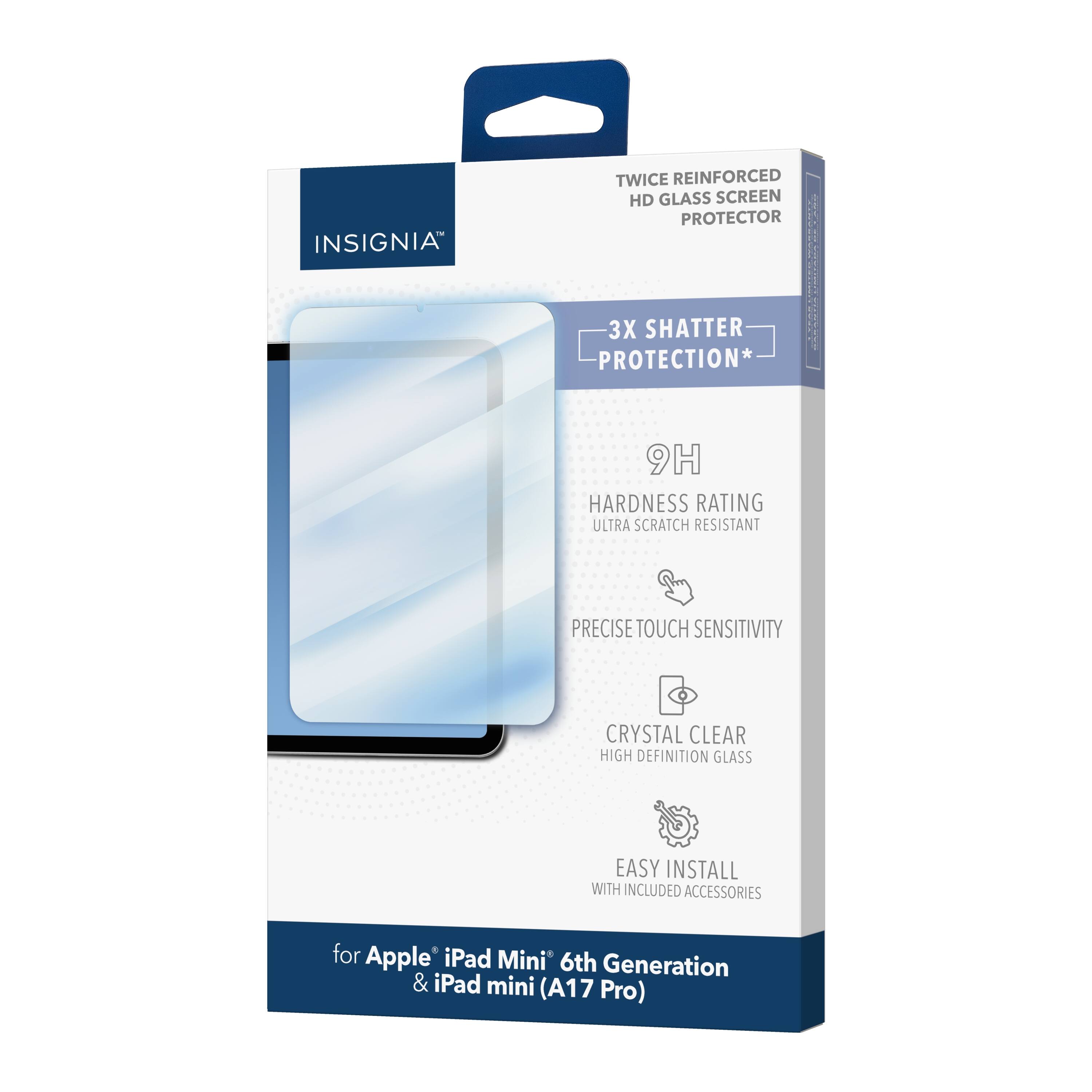 Insignia Twice Reinforced HD Glass Screen Protector 3X Shatter Protection 9H Hardness Rating Ultra Scratch Resistant Precise Touch Sensitivity Crystal Clear High Definition Glass Easy Install with Included Accessories for Apple iPad Mini 6th Generation & iPad mini (A17 Pro).