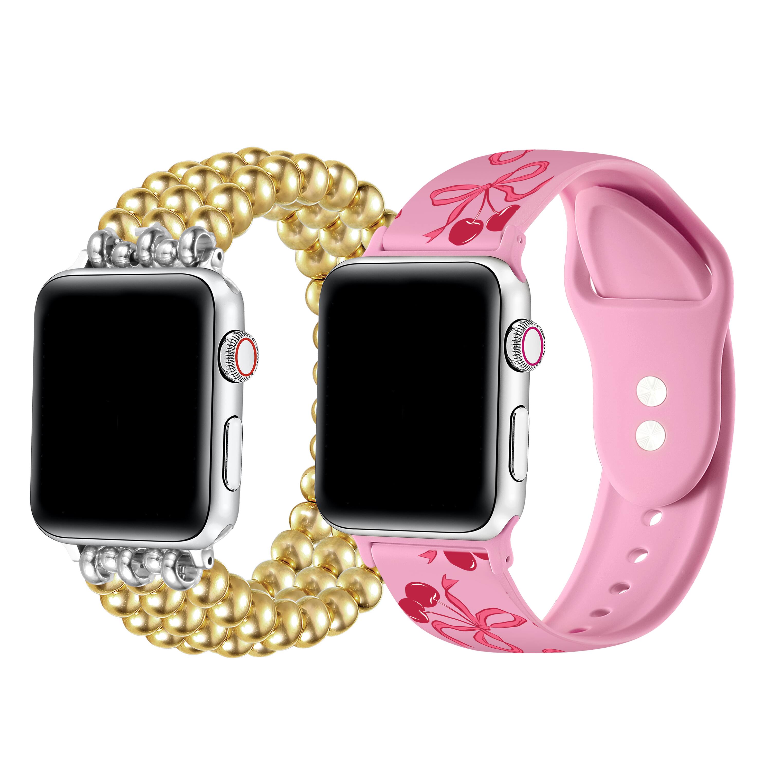 Left. Posh Tech - 2-Pack Beaded + Cherry Silicone Bands for Smartwatch - Gold, Pink.
