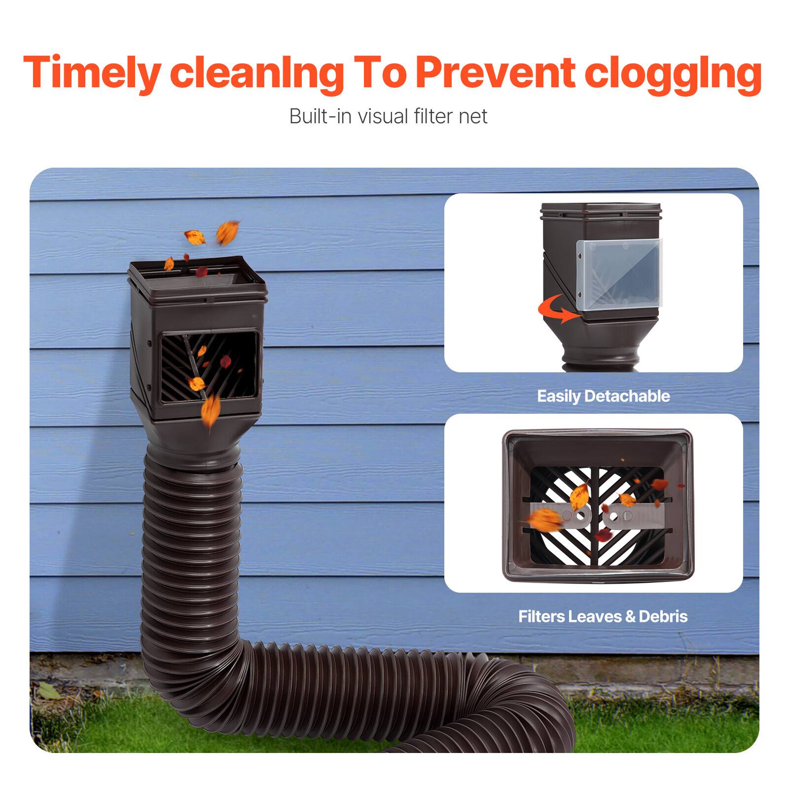 Timely cleaning to prevent clogging, built-in visual filter net, easily detachable, filters leaves & debris.