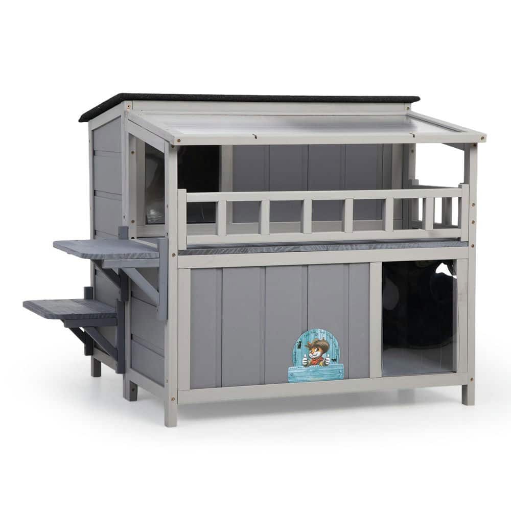 Resenkos- 2-Level Wooden Cat Home With Platforms & Play Run, Multi-Level Playground With Fringe Curtains & Roof, Gray
