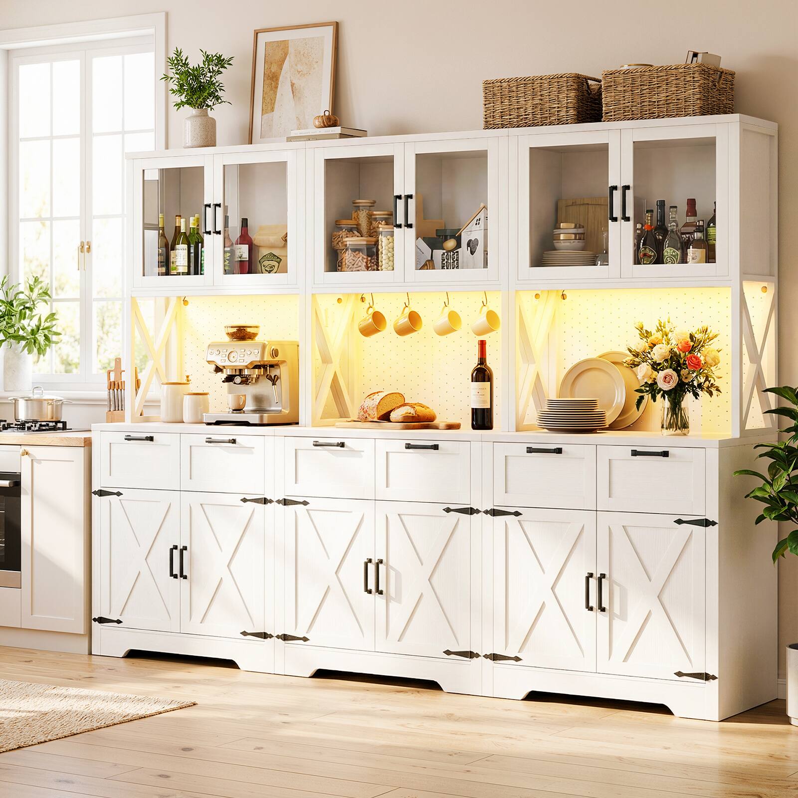 Front. Aheaplus - 71'' Tall Farmhouse Pantry Storage Cabinet with 6 Drawers and 12 Doors, Set of 3 - White.