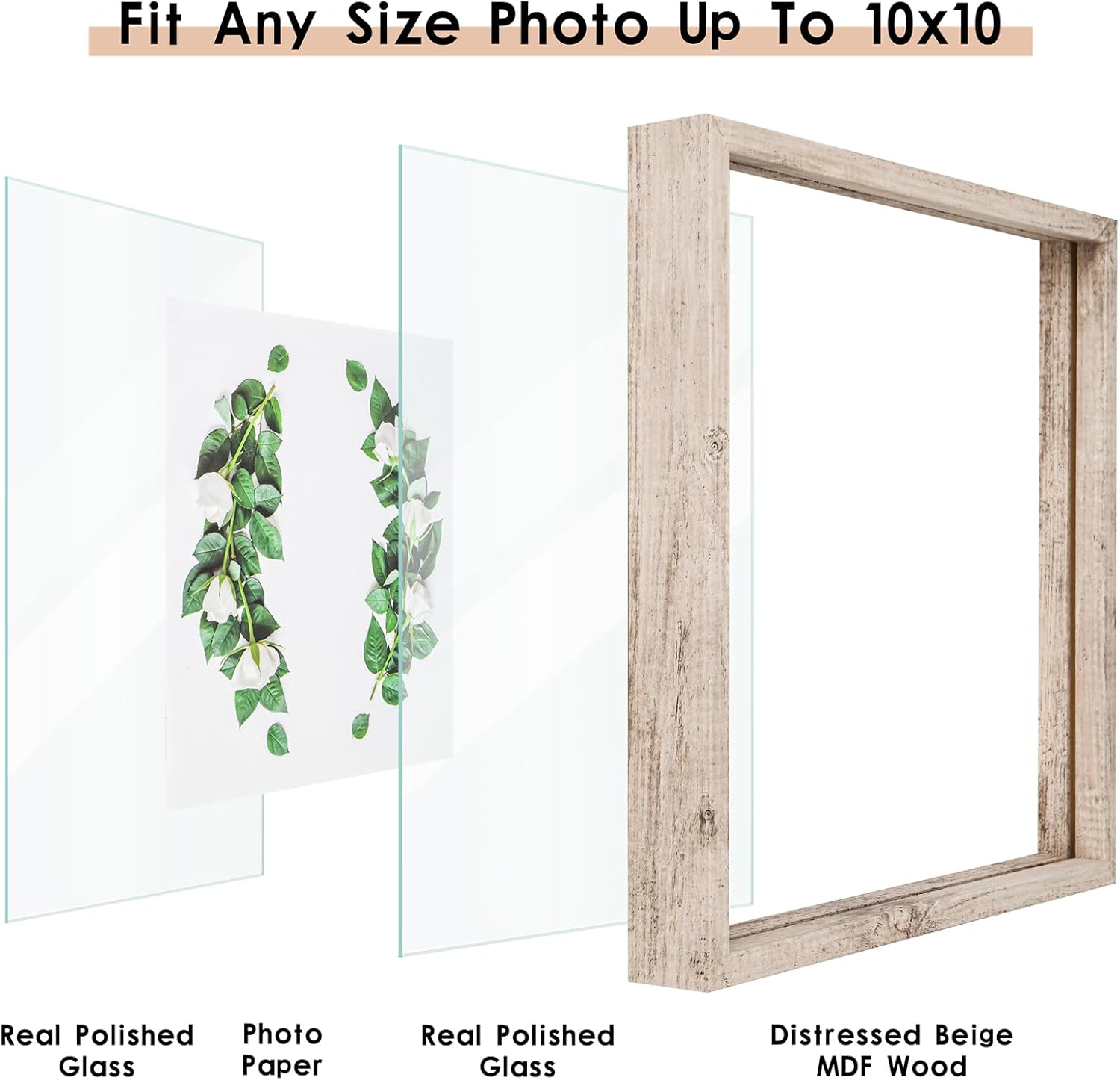 Fit Any Size Photo Up To 10x10

- Real Polished Glass
- Photo Paper
- Real Polished Glass
- Distressed Beige MDF Wood