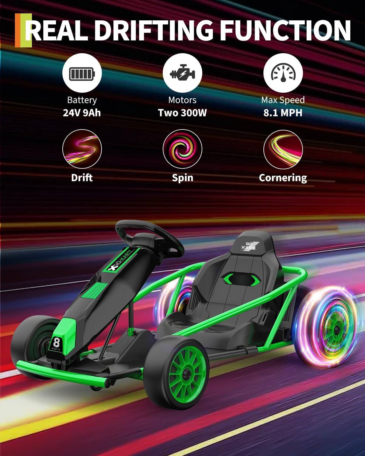 REAL DRIFTING FUNCTION

- Battery: 24V 9Ah
- Motors: Two 300W
- Max Speed: 8.1 MPH
- Drift
- Spin
- Cornering