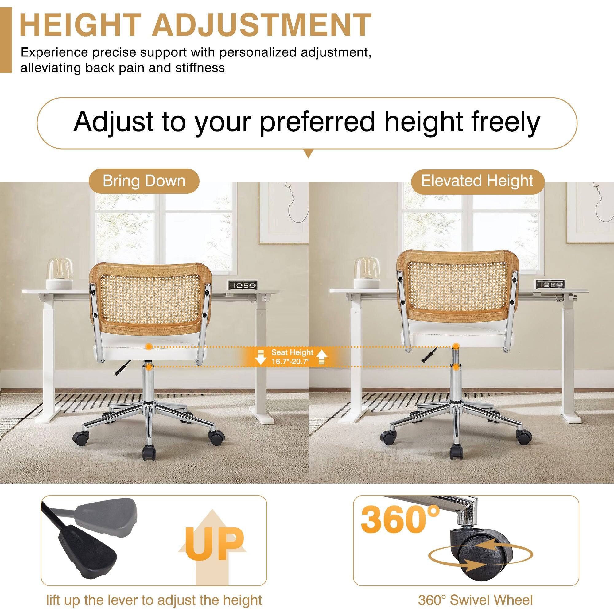 **HEIGHT ADJUSTMENT**

Experience precise support with personalized adjustment, alleviating back pain and stiffness

Adjust to your preferred height freely

- **Bring Down**
  - Seat Height: 16.7"-20.7"

- **Elevated Height**
  - Seat Height: 16.7"-20.7"

- **UP**
  - Lift up the lever to adjust the height

- **360° Swivel Wheel**