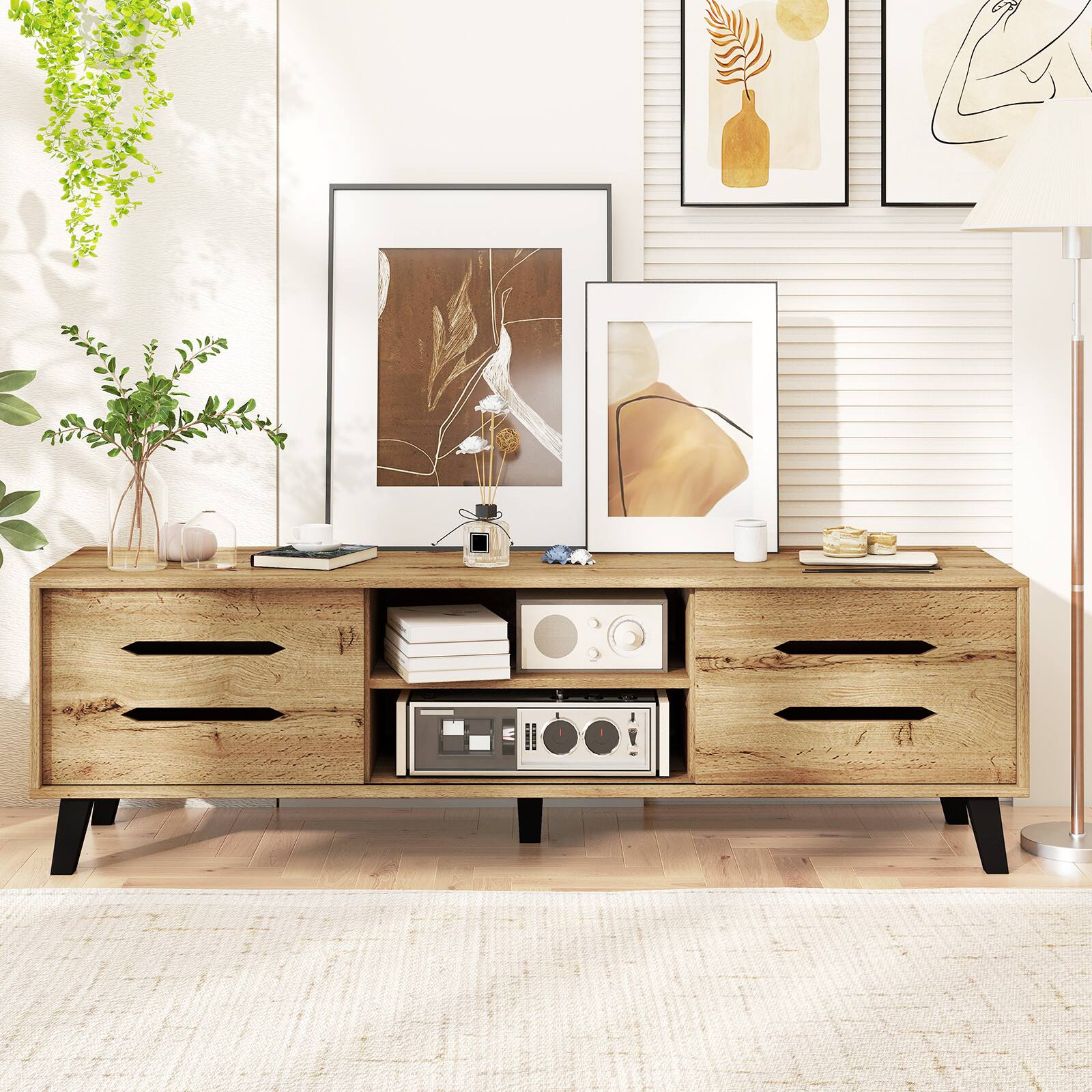 Alt View 4. Costway - Costway TV Stand w/Sliding Doors Storage Shelves Cable Hole Support Legs for 65" TVs - Natural.