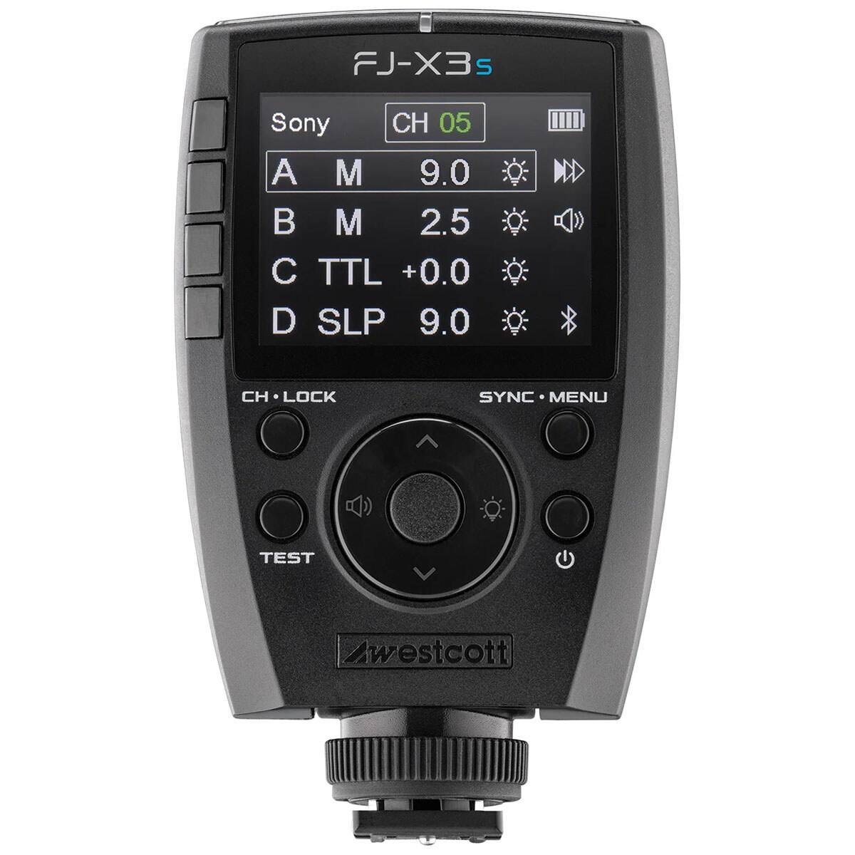 FJ-X3S  
Sony  
CH 05  
A M 9.0  
B M 2.5  
C TTL +0.0  
D SLP 9.0  
CH LOCK  
SYNC MENU  
TEST  
Westcott