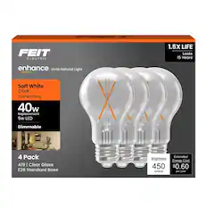 FEIT ELECTRIC
enhance
Vivid Natural Light
Soft White
2700K
Cozy & Inviting
40w Replacement
5w LED
Dimmable
4 Pack
A19 | Clear Glass
E26 Standard Base
1.5X LIFE
Lasts 15 Years
Brightness
450 lumens
Estimated Energy Cost
$0.60 per year