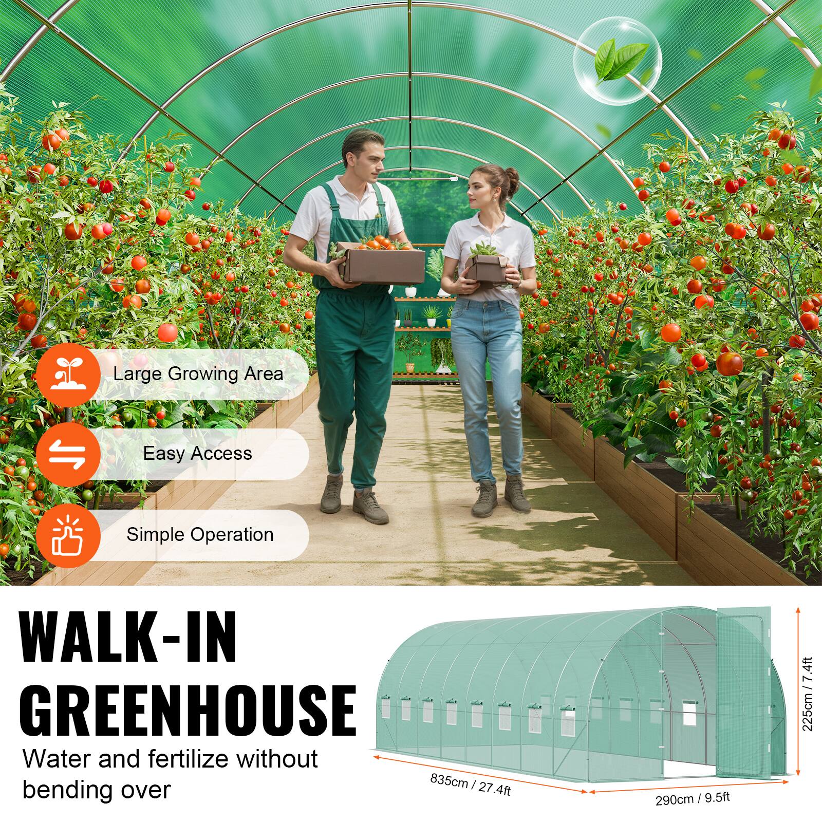 Large Growing Area, Easy Access, Simple Operation, WALK-IN GREENHOUSE, Water and fertilize without bending over, 835cm / 27.4ft, 290cm / 9.5ft, 225cm / 7.4ft