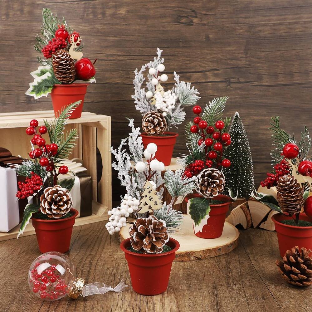 Angle. RTMB - Mini Christmas Tree Table Decorations, 6-Piece Artificial Trees with Pine Cones & Red Berries, Holiday Tabletop Centerpi - Red.