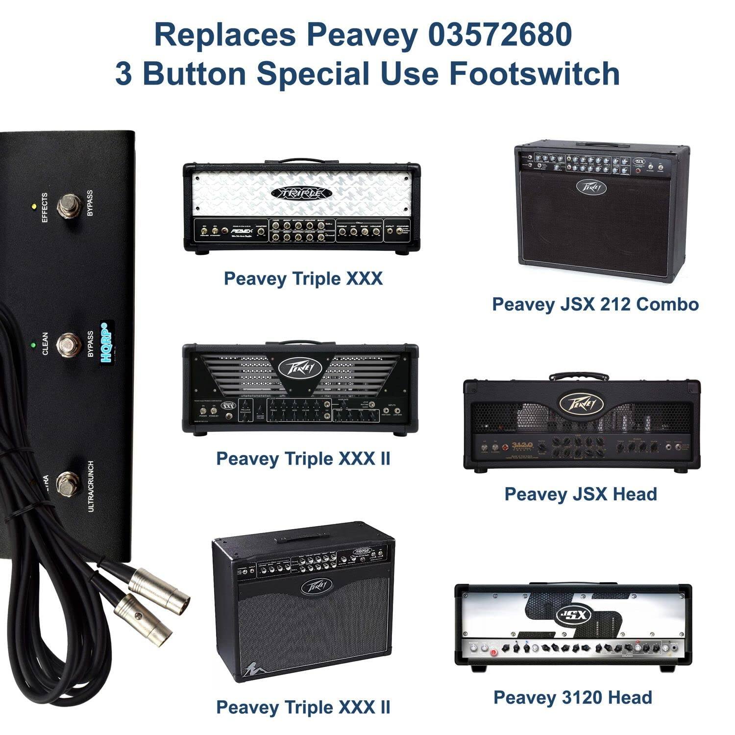 Replaces Peavey 03572680 3 Button Special Use Footswitch

- Peavey Triple XXX
- Peavey JSX 212 Combo
- Peavey Triple XXX II
- Peavey JSX Head
- Peavey Triple XXX II
- Peavey 3120 Head