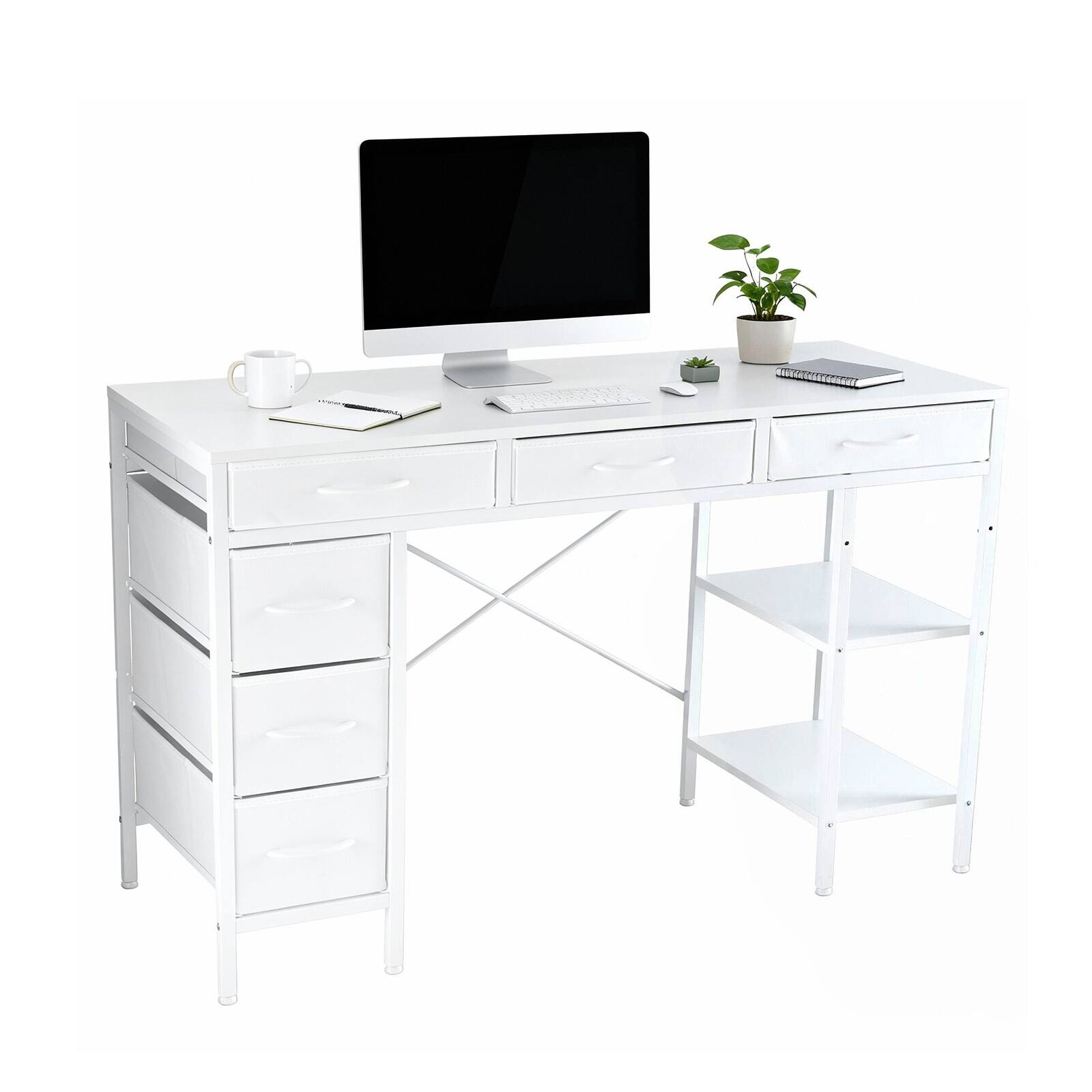 Angle. Bestier - 47-inch Computer Desk with 6 Fabric Drawers, Adjustable Storage Shelf,Metal Desk for Home Office & Gaming - white.