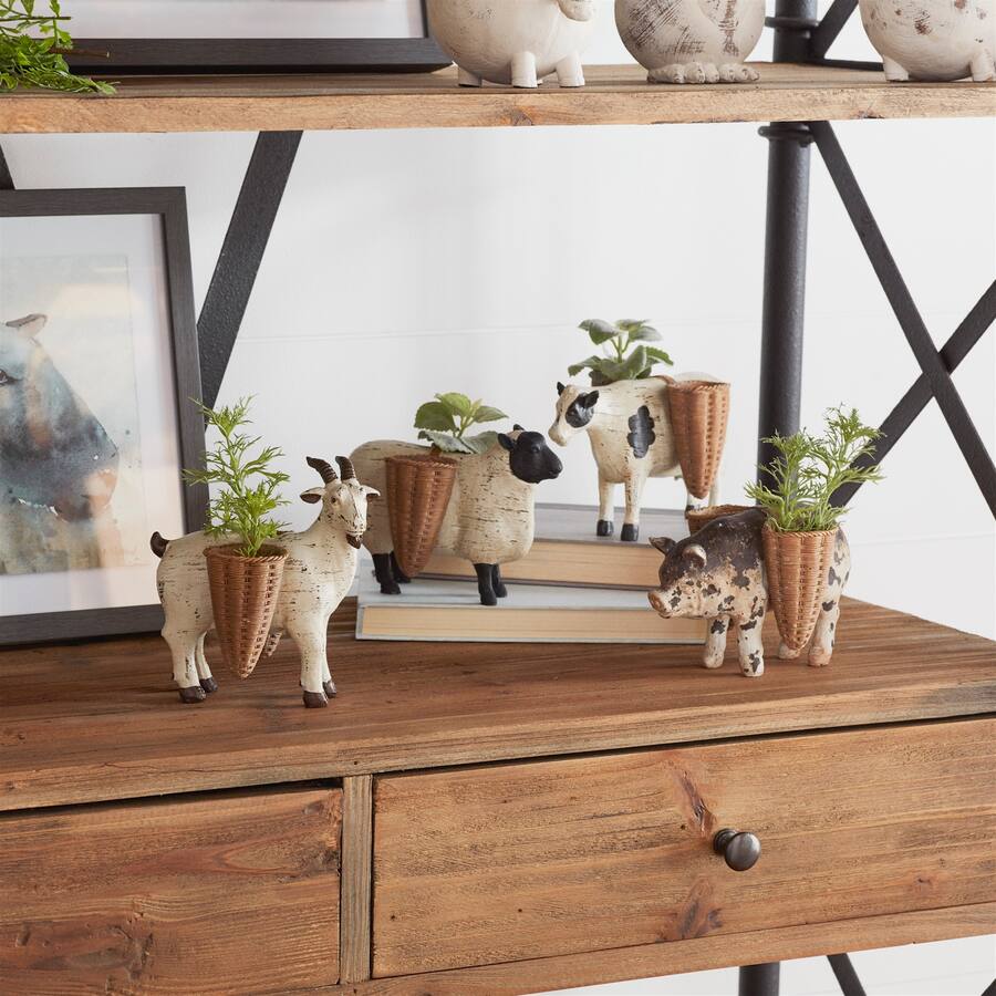 BreeBe Farm Animal Figurine with Basket Vase (Set of 4) Brown, White ...