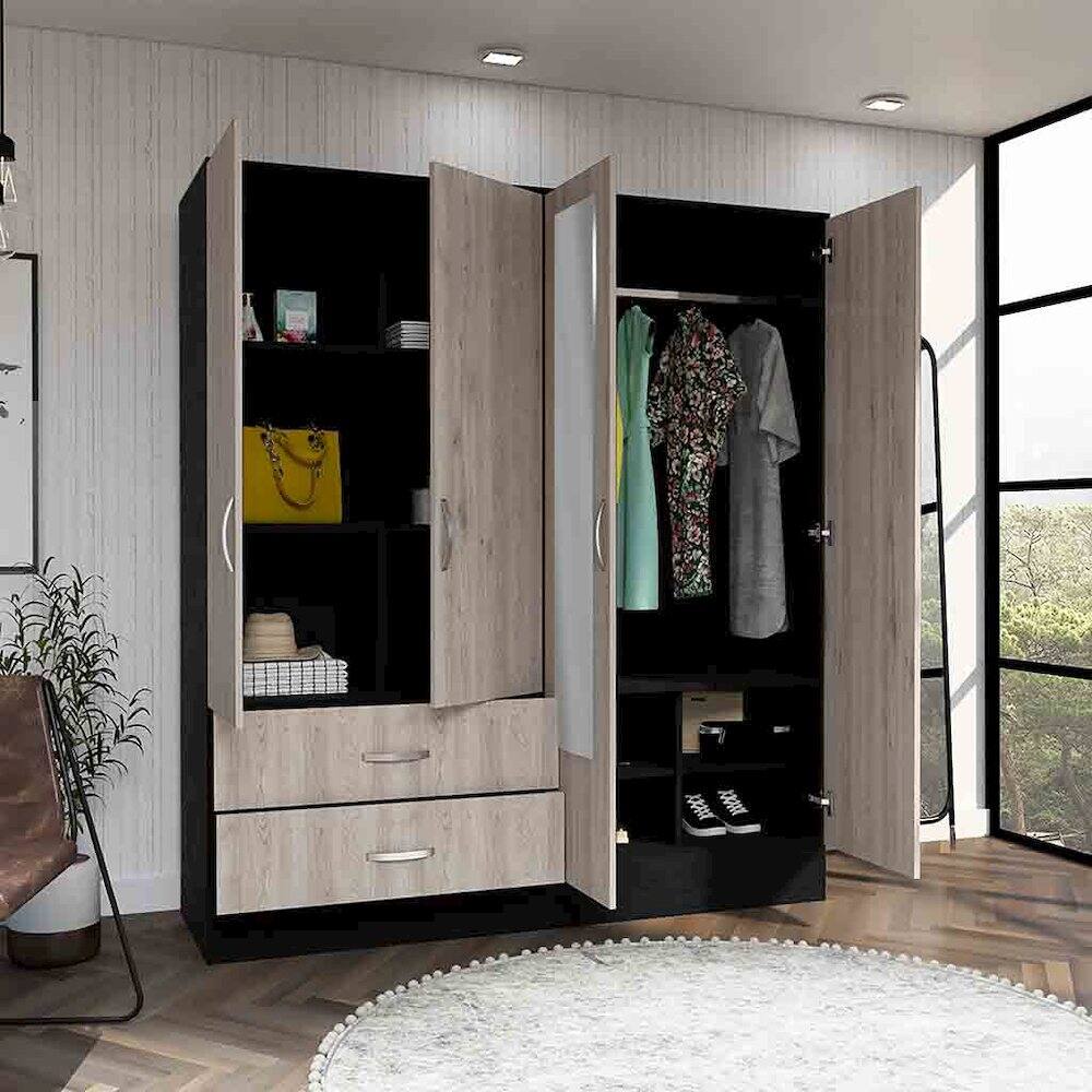 Alt View 4. TuHome - Bolton 160 Armoire, Six Shelves, Two Double Door Cabinets, Two Mirrors, Two Drawers, Rod - Black.