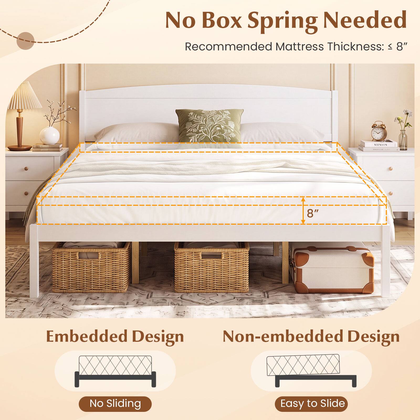 No Box Spring Needed  
Recommended Mattress Thickness: ≤ 8"  

Embedded Design  
No Sliding  

Non-embedded Design  
Easy to Slide