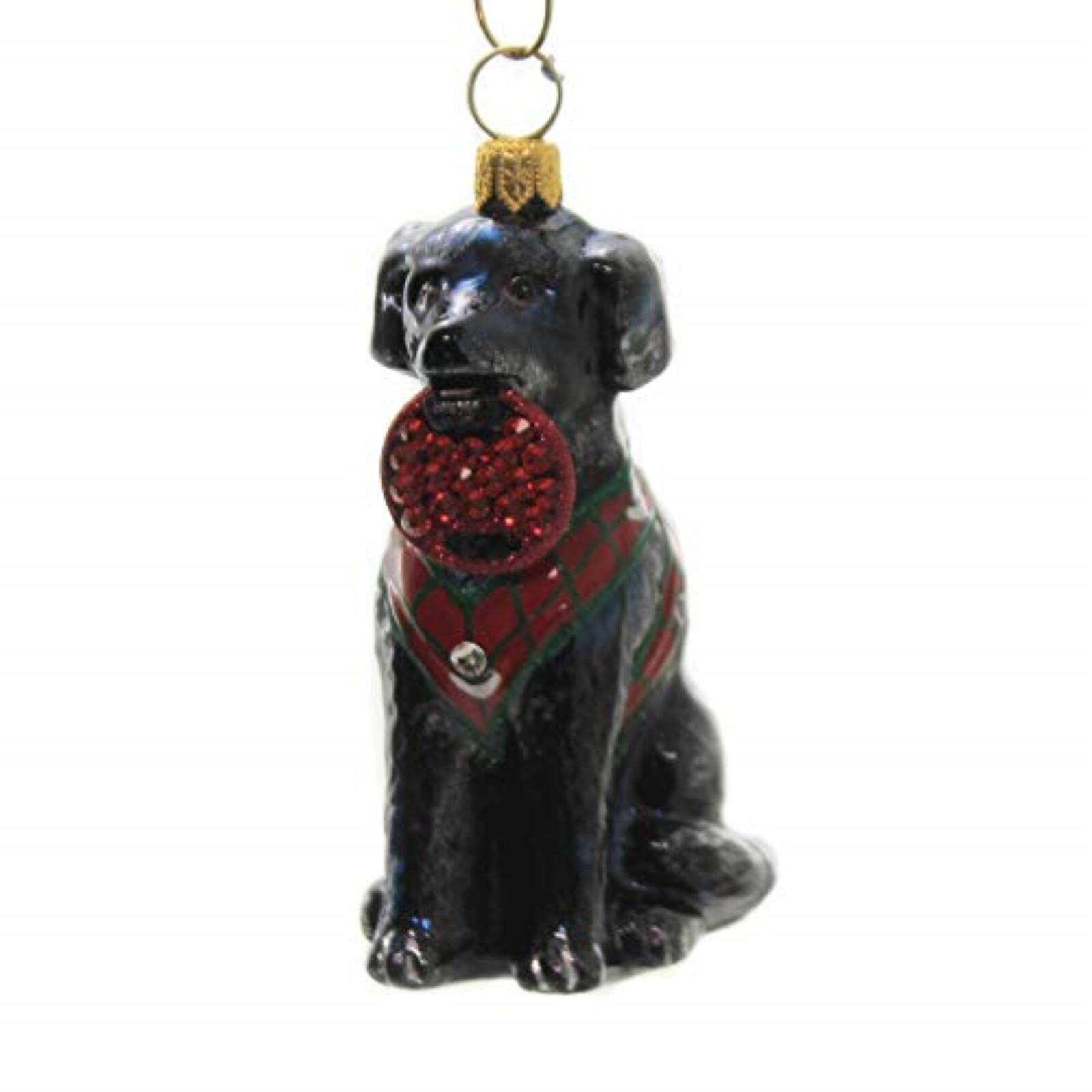 Angle. Joy to the World Collectibles - Joy To The World Black Lab In Vest Polish Glass Ornament Fetching Ring Dog - Black.
