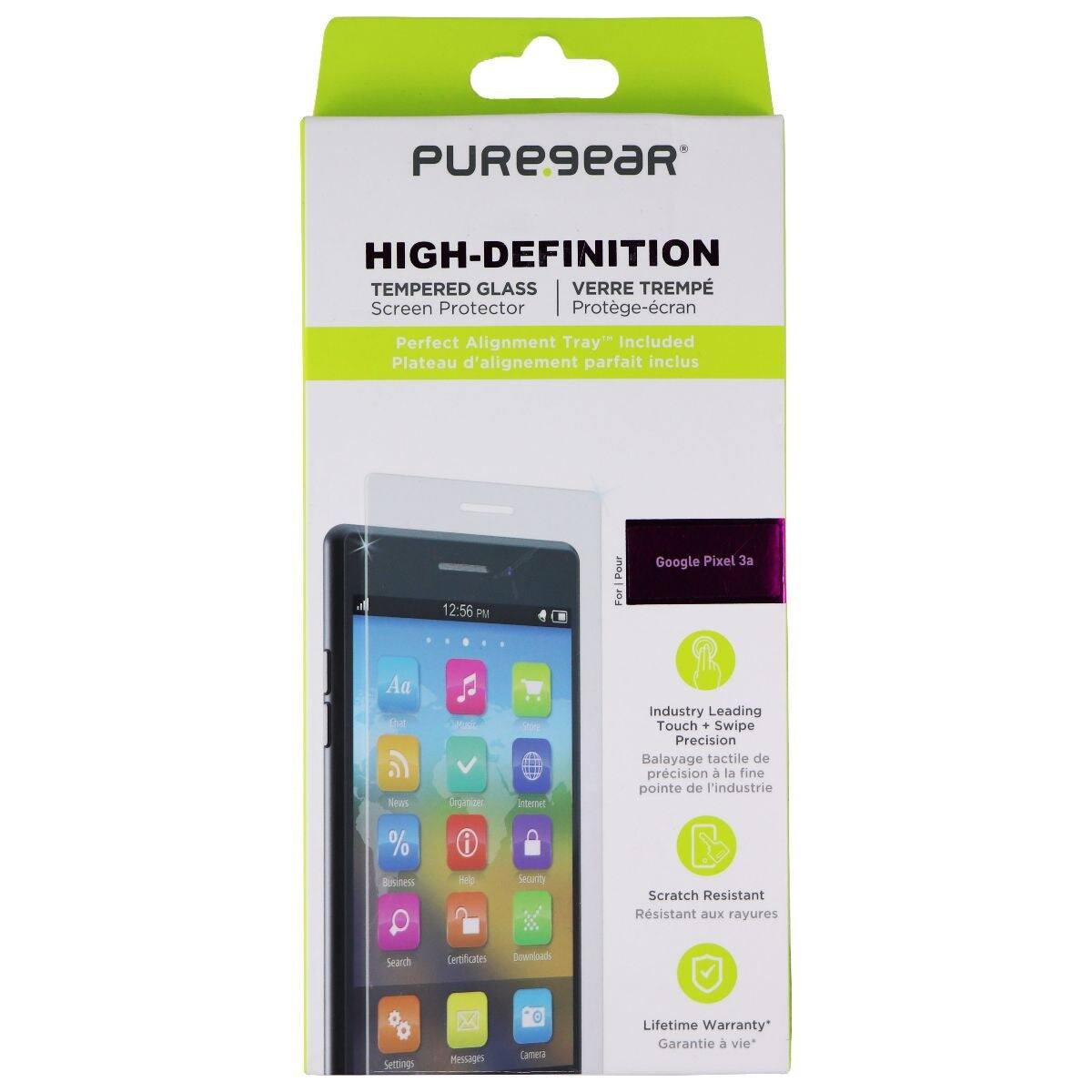 PUREgeaR HIGH-DEFINITION TEMPERED GLASS VERRE TREMPÉ Screen Protector Protège-écran Perfect Alignment Tray" Included Plateau d'alignement parfait inclus 12:56 PM Pour Google Pixel 3a Aa tMe la News - Dprte - Indeter Industry Leading Touch + Swipe Precision Balayage tactile de précision à la fine pointe de l'industrie % Bihiness i delo Security Scratch Resistant Résistant aux rayures Search Certificates Downloads Settings Messages Camera Lifetime Warranty Garantie à vie*
