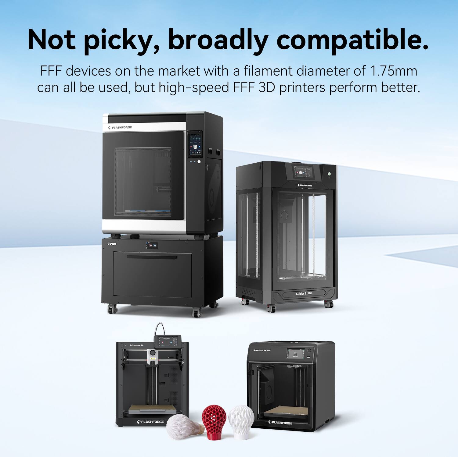 Not picky, broadly compatible.

FFF devices on the market with a filament diameter of 1.75mm can all be used, but high-speed FFF 3D printers perform better.